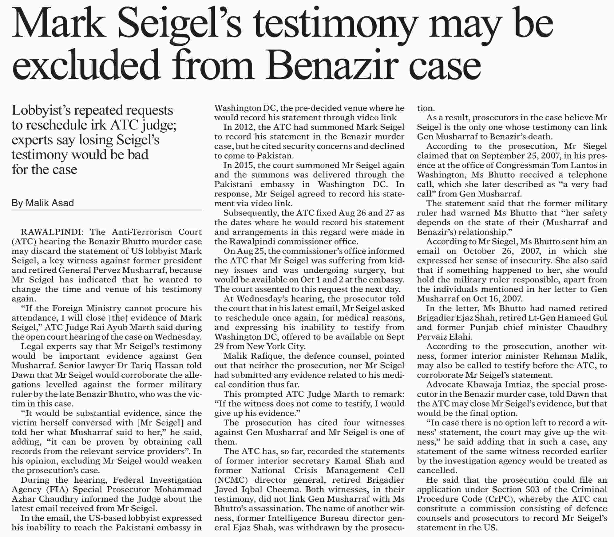 Dawn-ePaper | Sep 04, 2015 | Mark Seigel`s testimony may be excluded ...