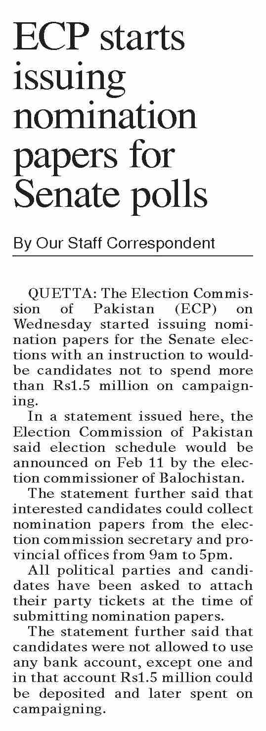 Dawn-ePaper | Feb 04, 2021 | ECP starts issuing nomination papers for ...
