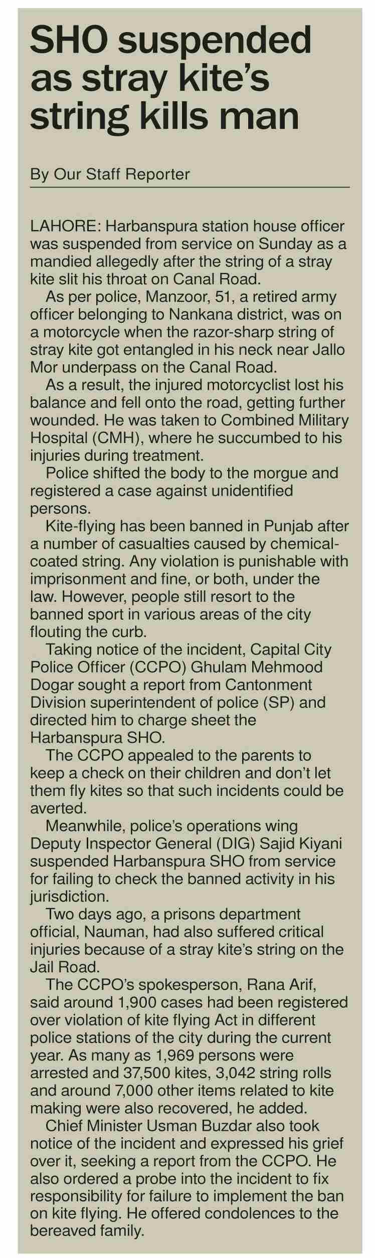 DawnePaper Apr 26, 2021 SHO suspended as stray kite`s string kills man