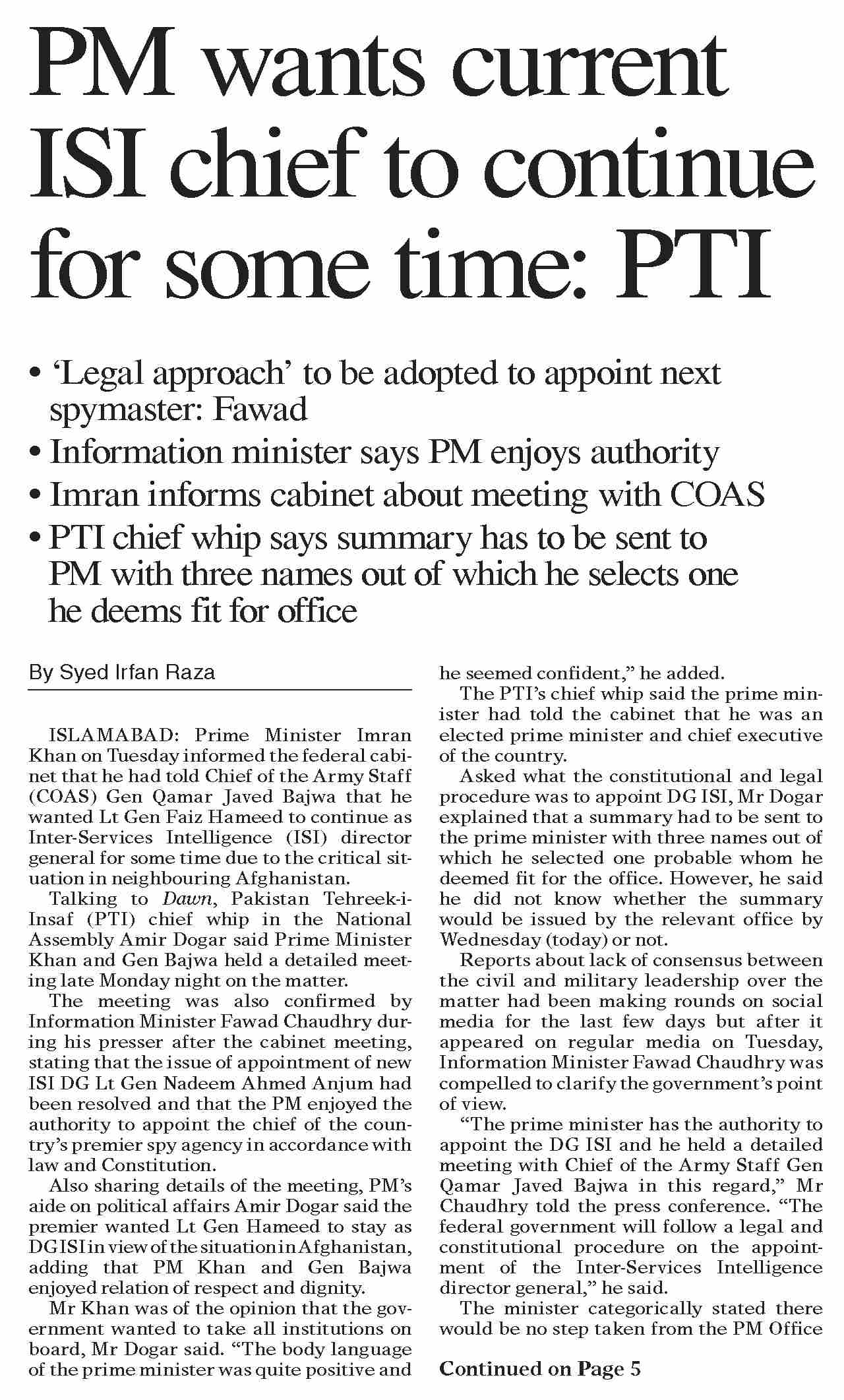 Dawn ePaper Oct 13 2021 PM Wants Current ISI Chief To Continue
