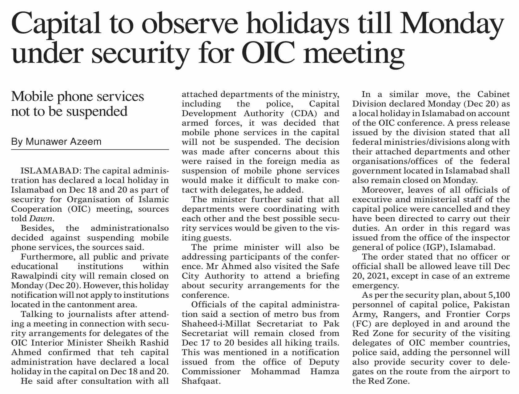 Dawn ePaper Dec 18 2021 Capital To Observe Holidays Till Monday dawn-epaper-dec-18-2021-capital-to-observe-holidays-till-monday