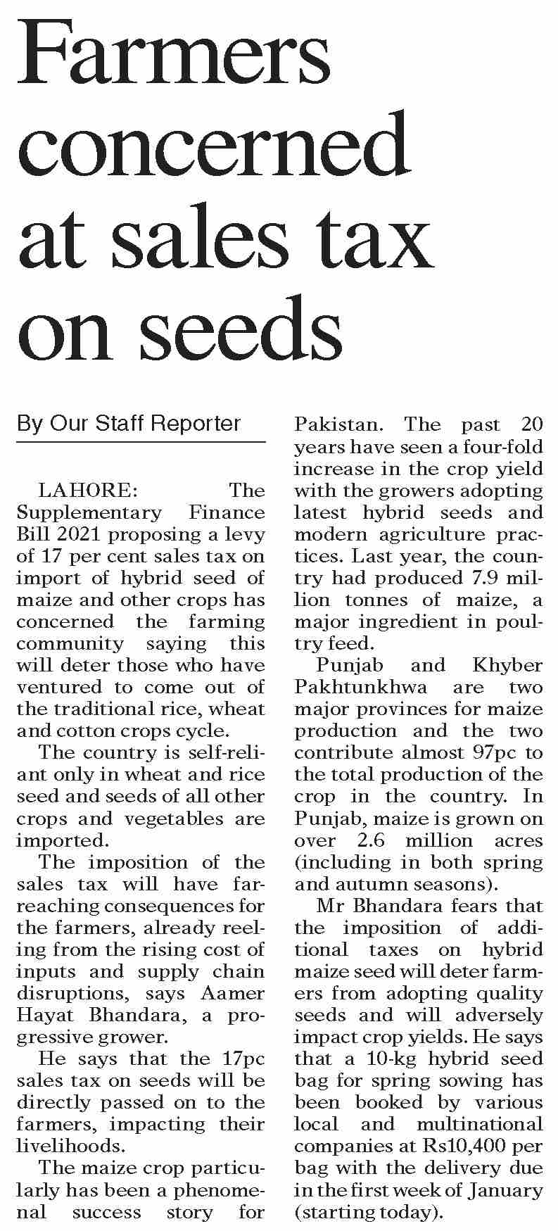 DawnePaper Jan 01, 2022 Farmers concerned at sales tax on seeds