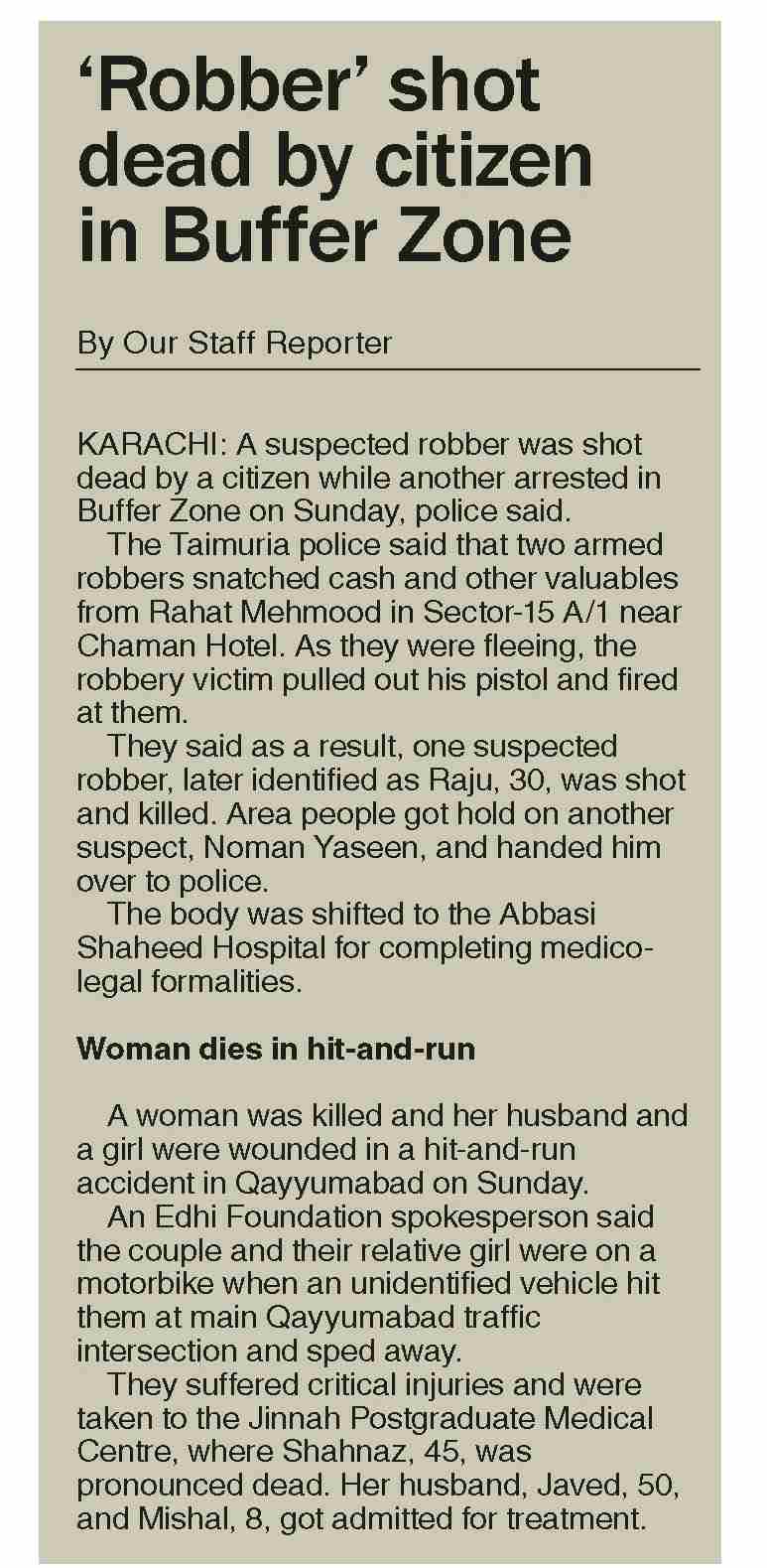 Dawn-ePaper | Feb 07, 2022 | `Robber` shot dead by citizen in Buffer Zone