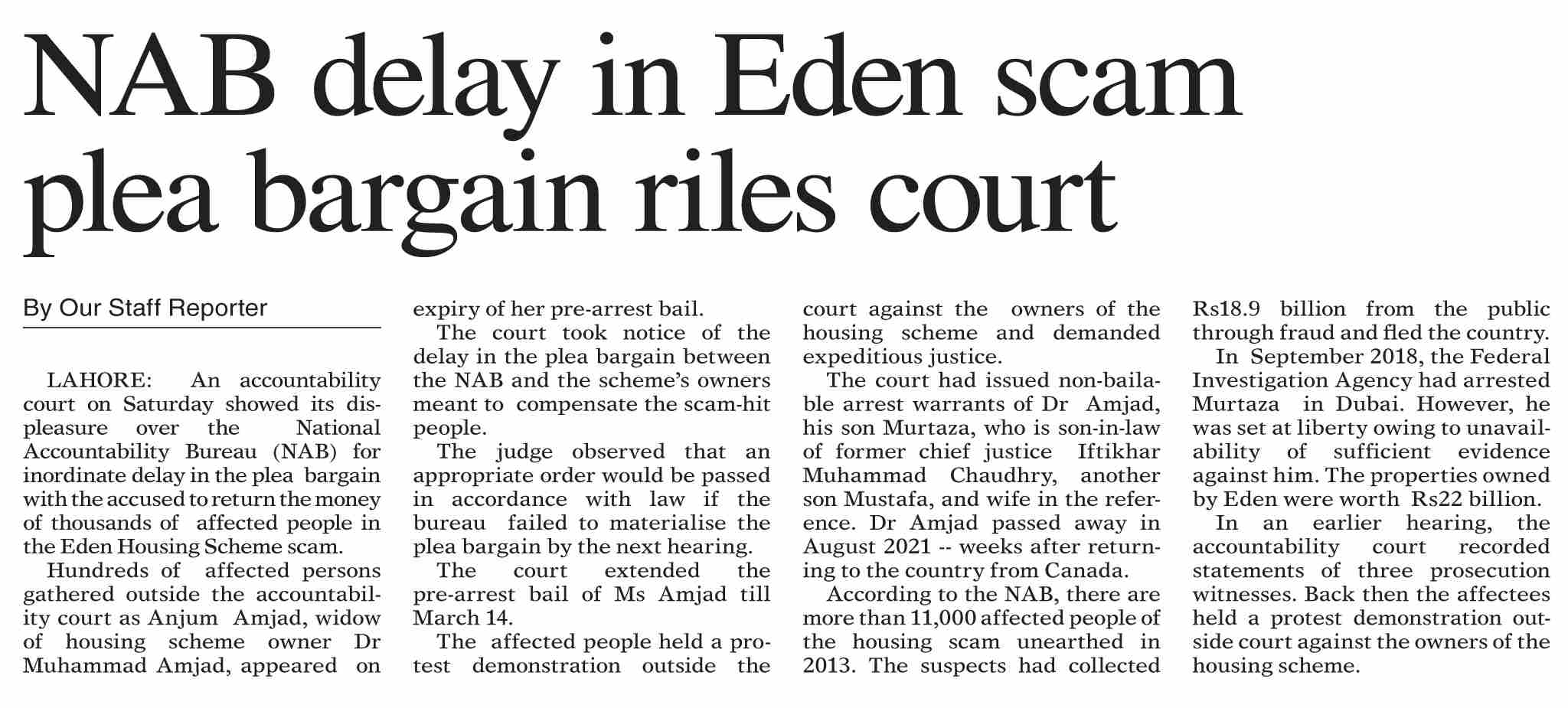 Dawn-ePaper | Mar 06, 2022 | NAB delay in Eden scam plea bargain riles ...