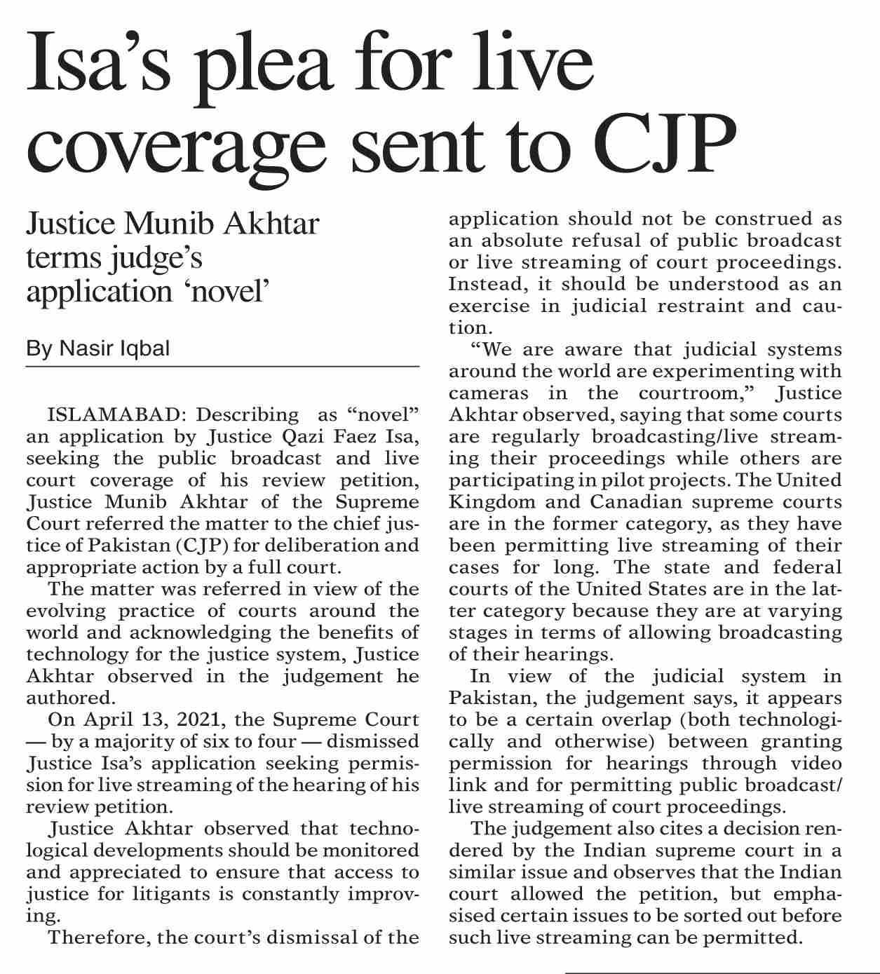 DawnePaper Mar 25, 2022 Isa`s plea for live coverage sent to CJP