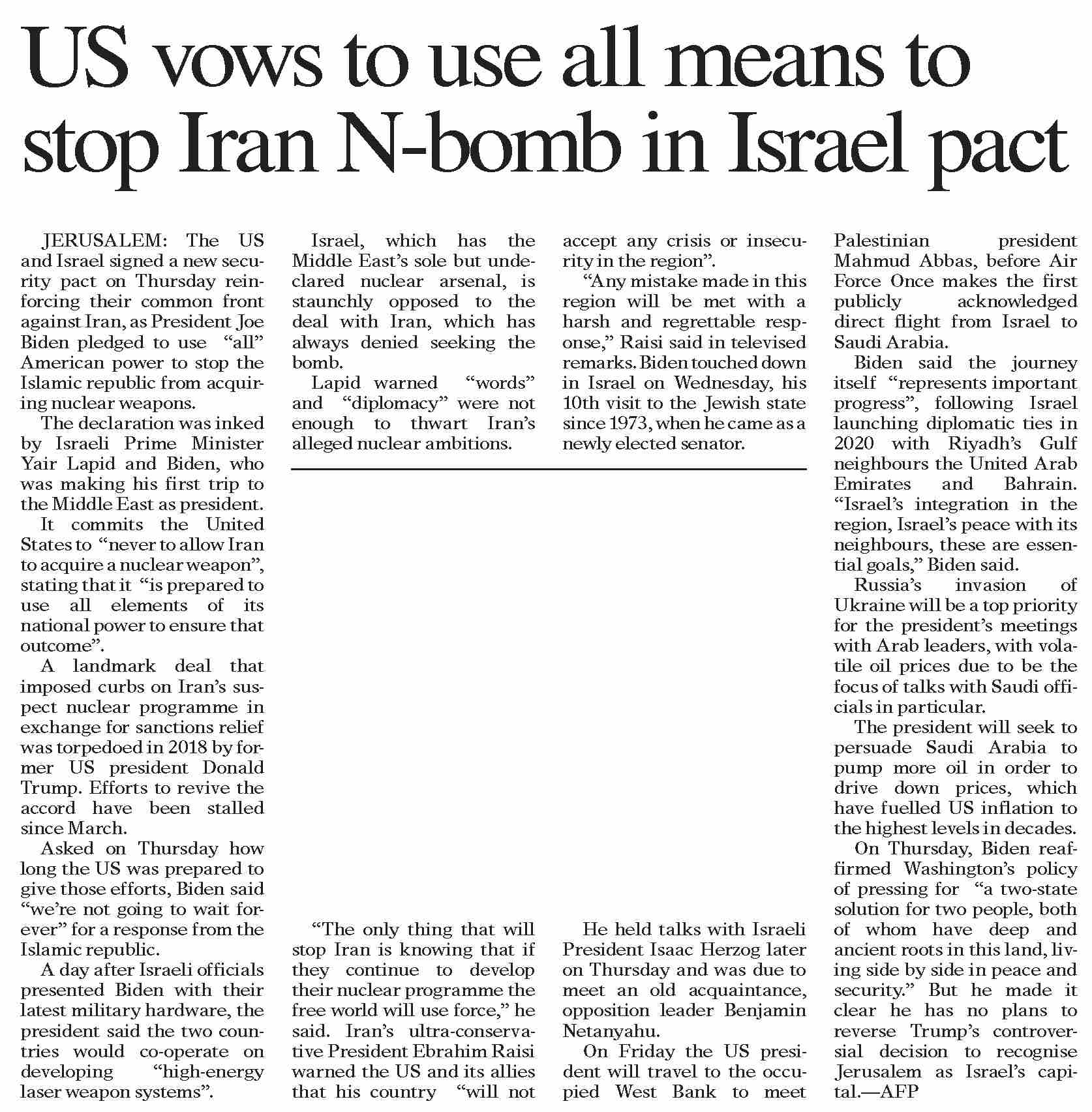 Dawn-ePaper | Jul 15, 2022 | US vows to use all means to stop Iran N ...