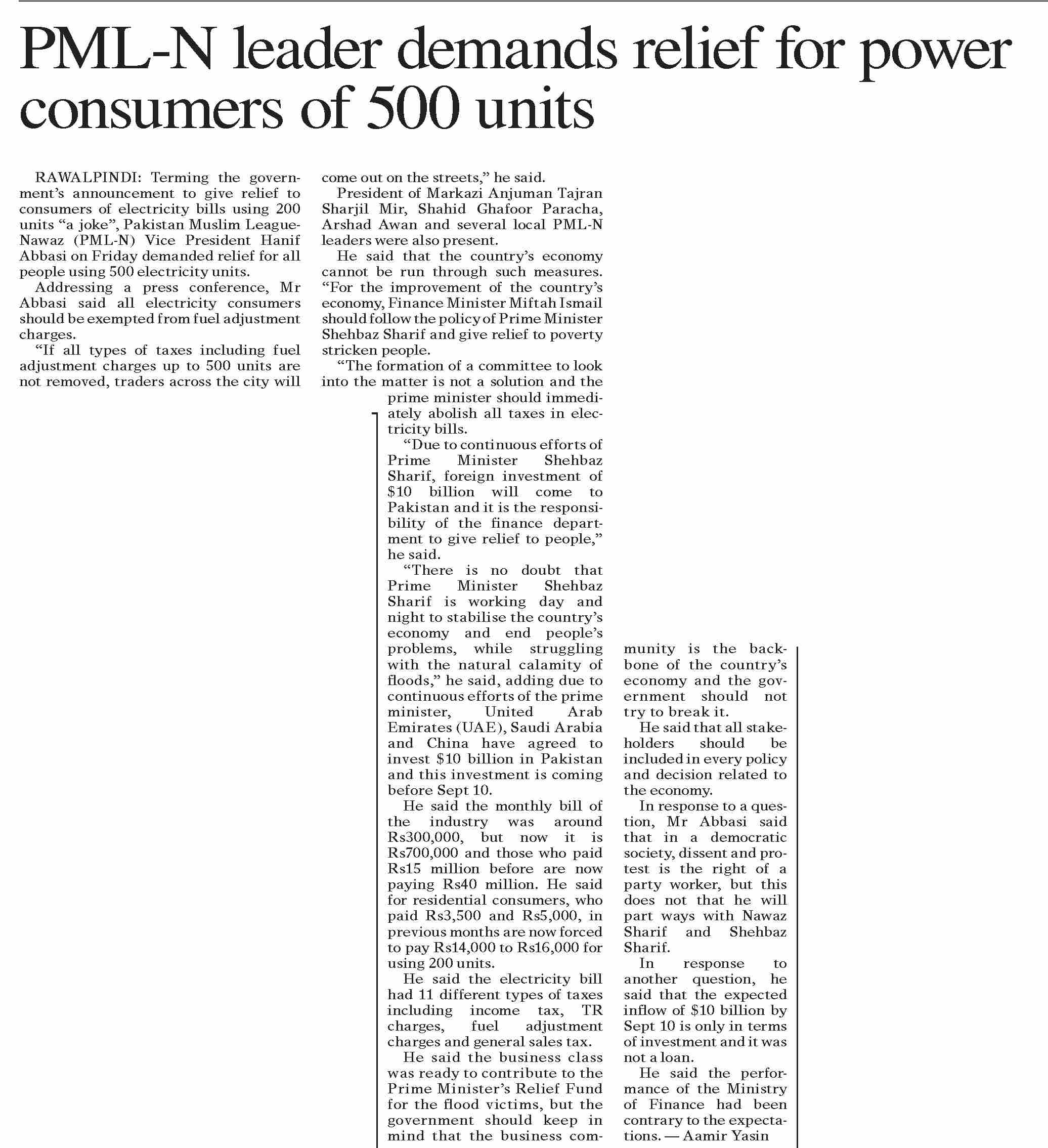 DawnePaper Aug 27, 2022 PMLN leader demands relief for power