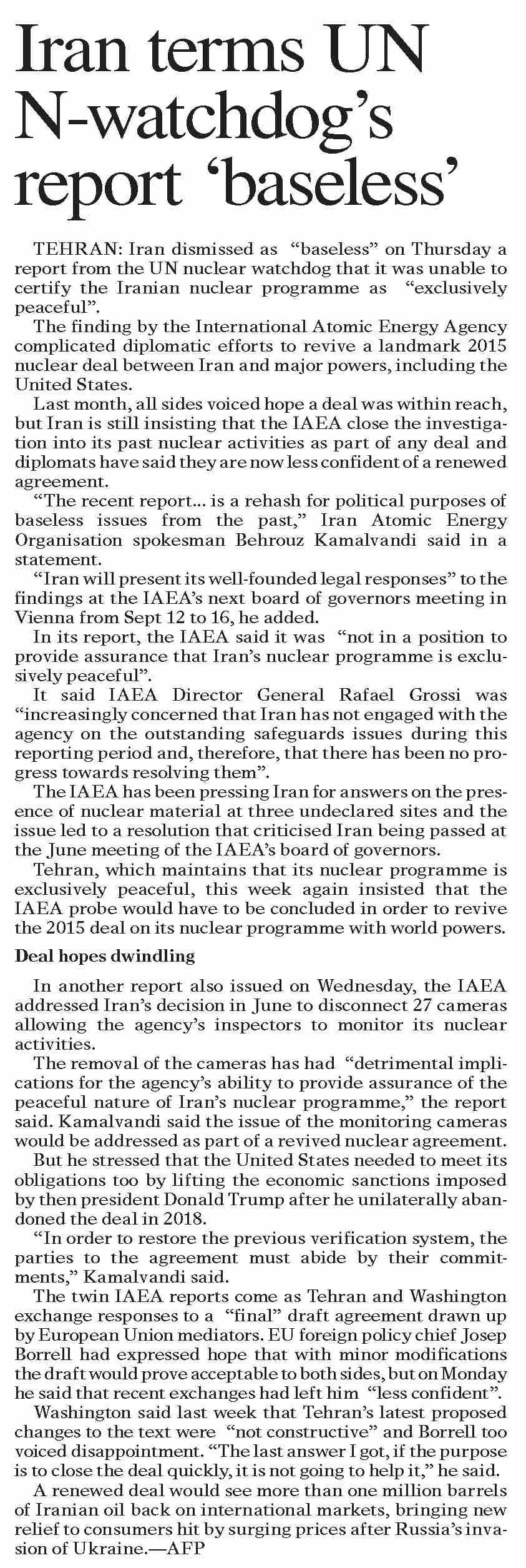 Dawn epaper sep 09 2022 iran terms un n watchdog s report baseless 