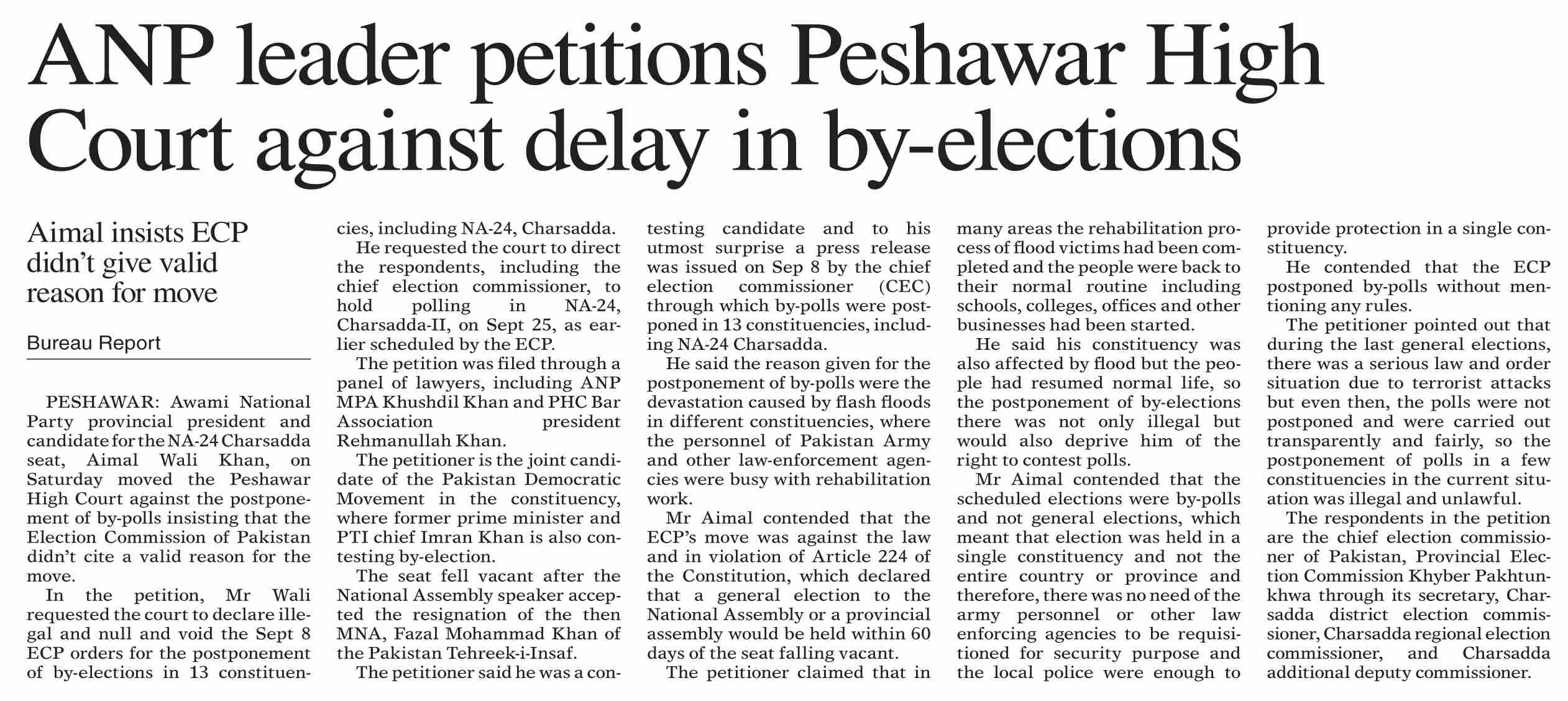 DawnePaper Sep 11, 2022 ANP leader petitions Peshawar High Court
