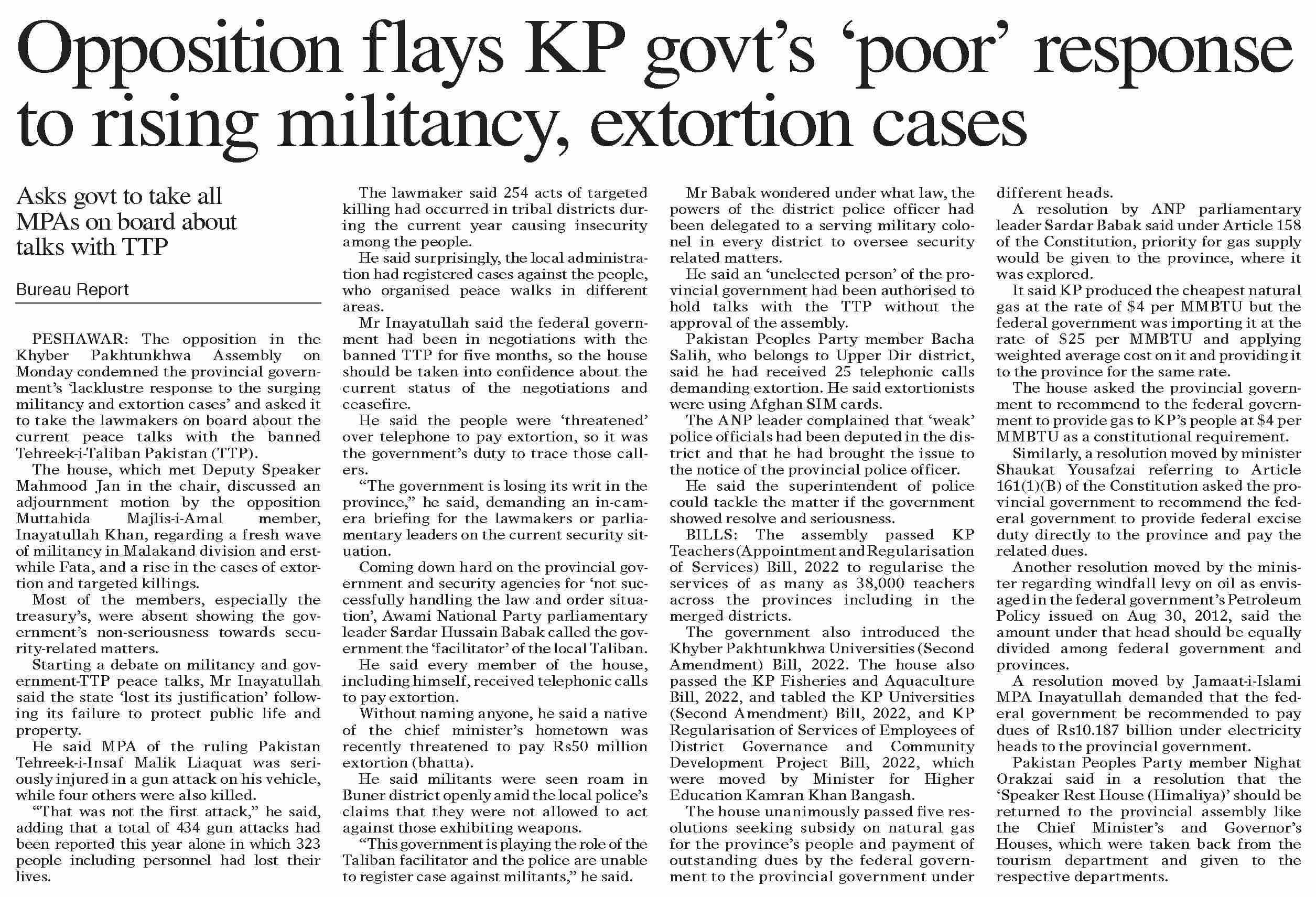 Dawn ePaper Sep 13 2022 Opposition Flays KP Govt s poor Response To Rising Militancy 