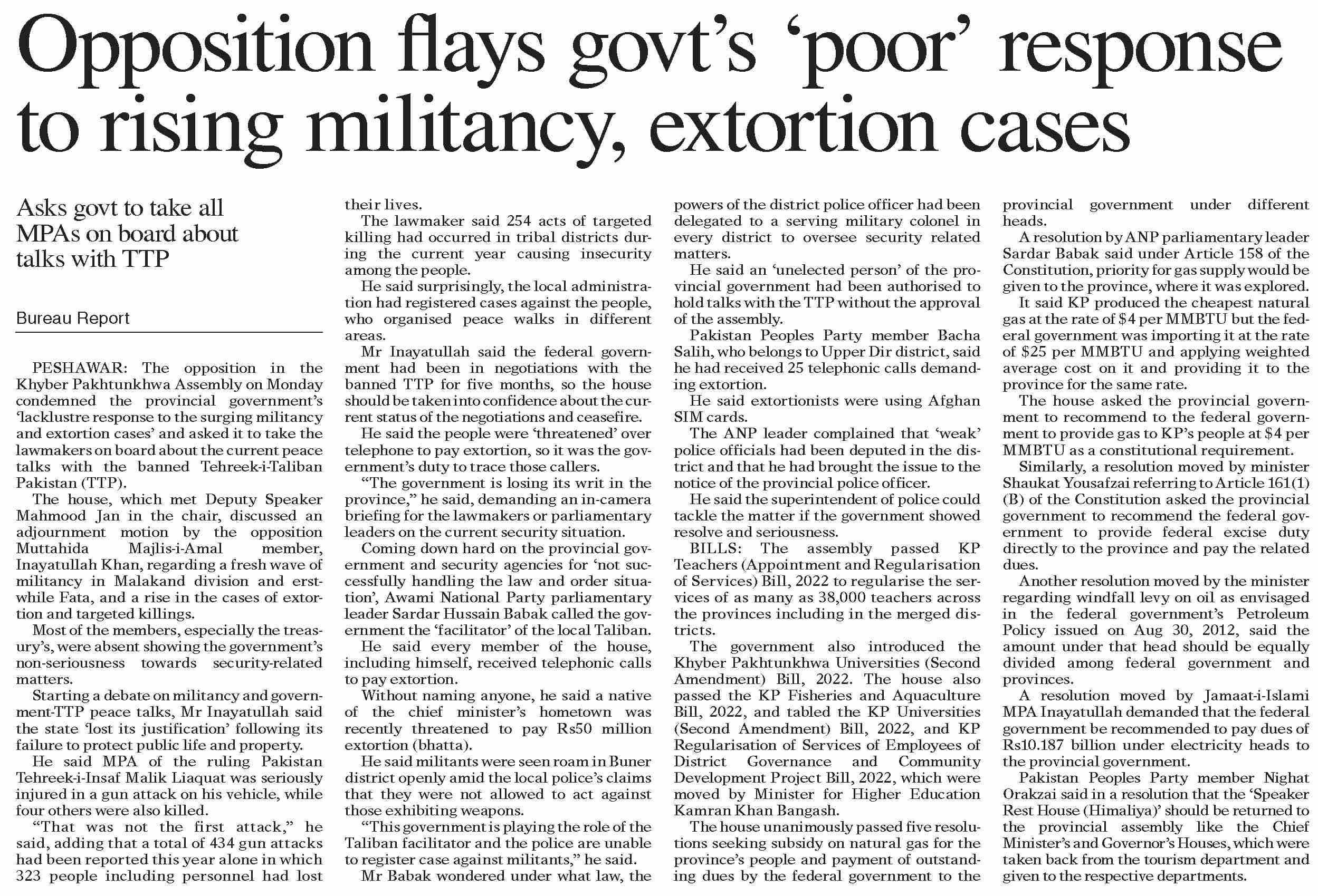Dawn ePaper Sep 13 2022 Opposition Flays Govt s poor Response To Rising Militancy 