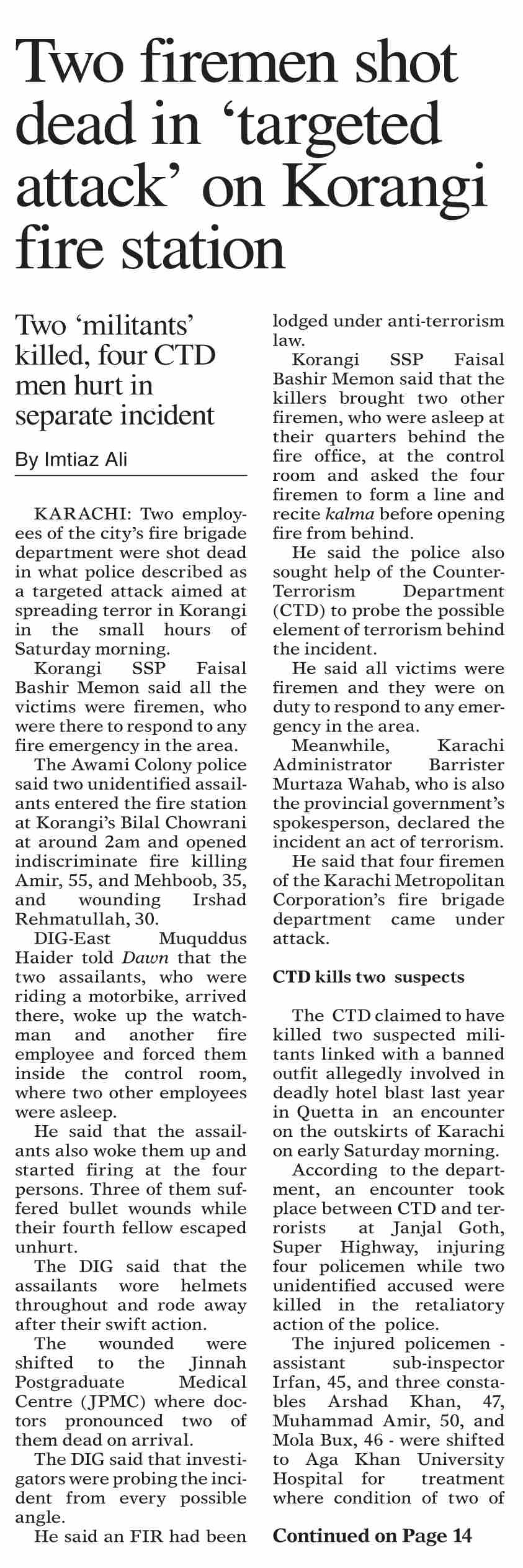 Dawn-ePaper | Oct 02, 2022 | Two firemen shot dead in `targeted attack ...