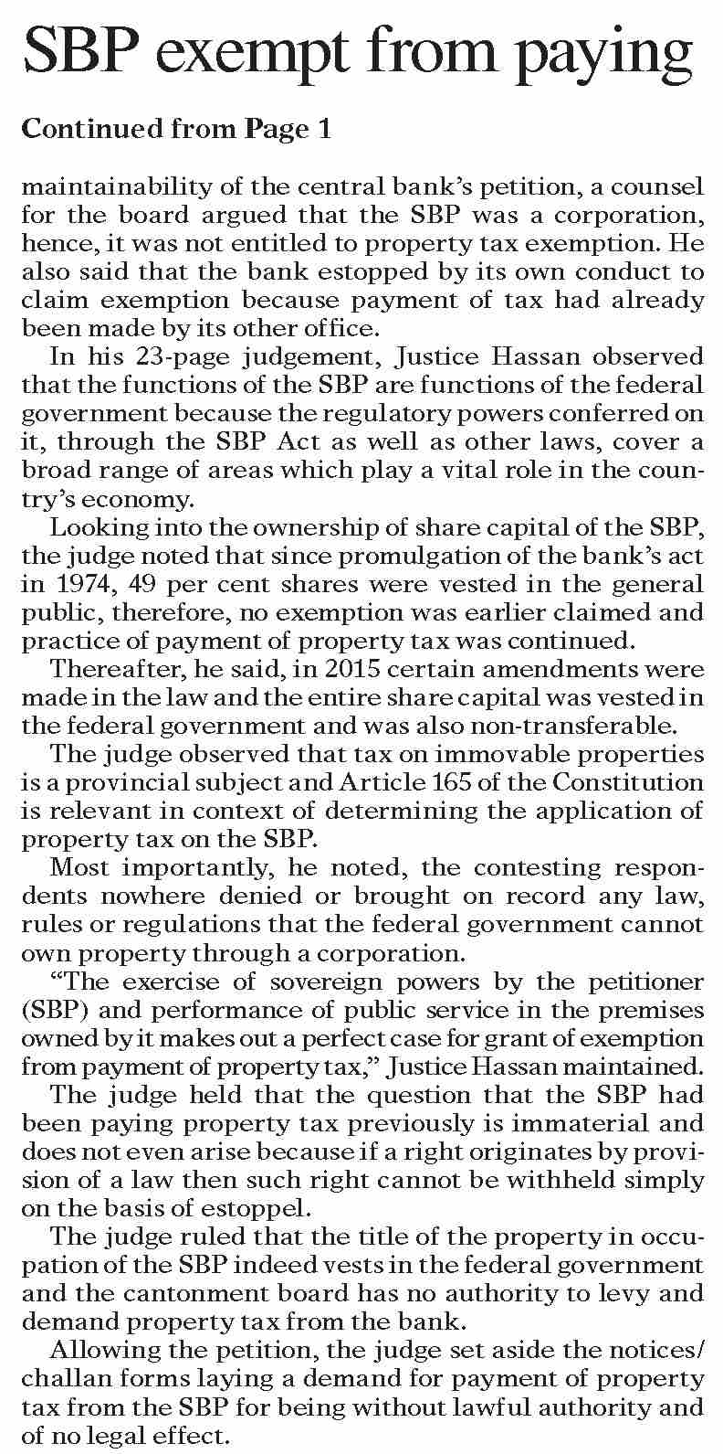 DawnePaper Nov 10, 2022 SBP exempt from paying property tax in Cantt areas, LHC rules