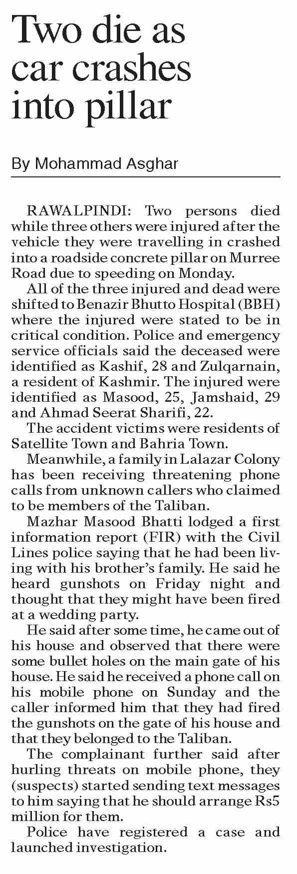 Dawn-ePaper | Nov 15, 2022 | Two die as car crashes into pillar