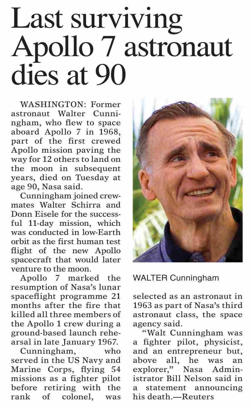 Dawn ePaper Jan 05 2023 Last Surviving Apollo 7 Astronaut Dies At 90 dawn-epaper-jan-05-2023-last-surviving-apollo-7-astronaut-dies-at-90
