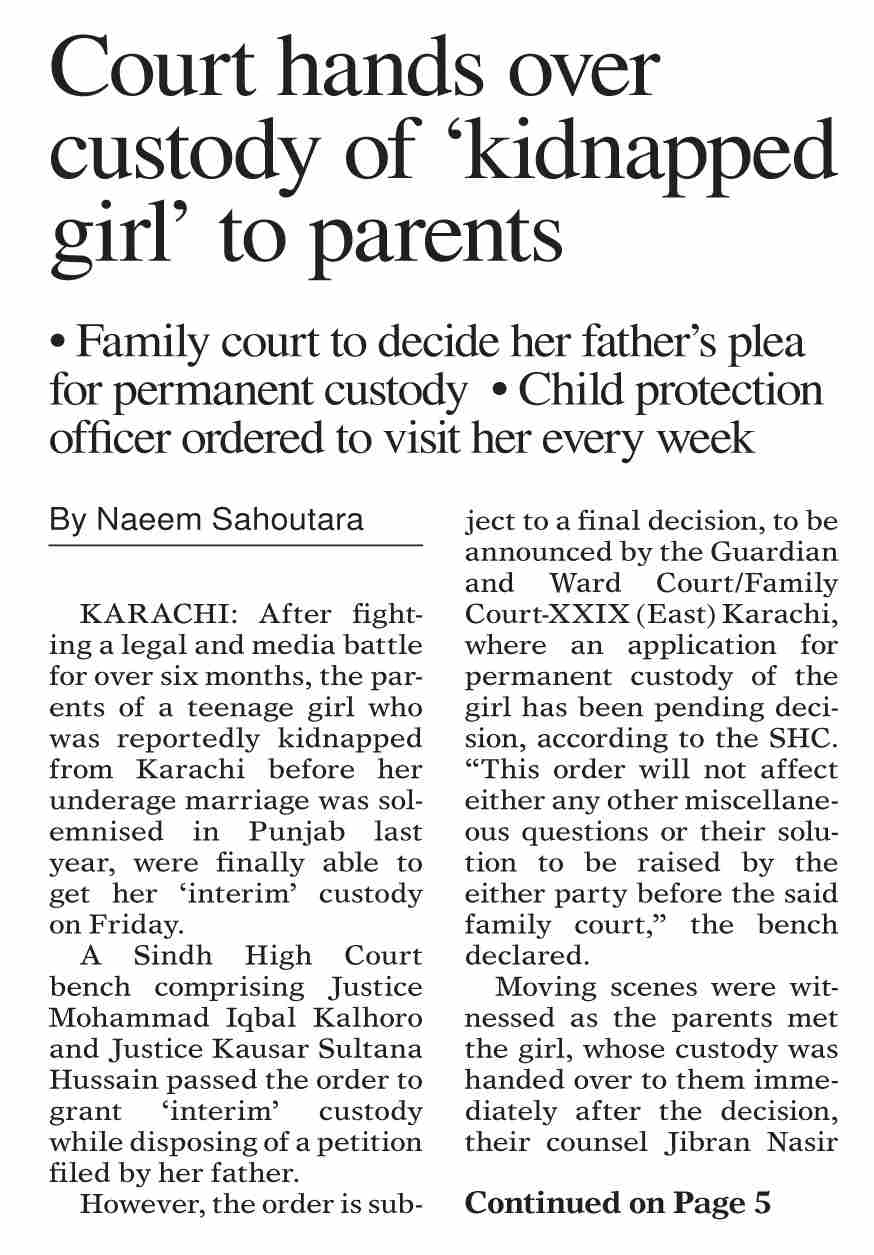 Dawn-ePaper | Jan 07, 2023 | Court hands over custody of `kidnapped