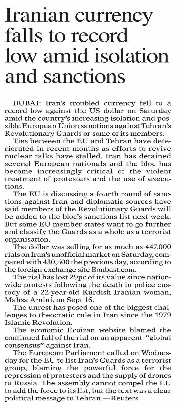 Dawn-ePaper | Jan 22, 2023 | Iranian currency falls to record low amid ...