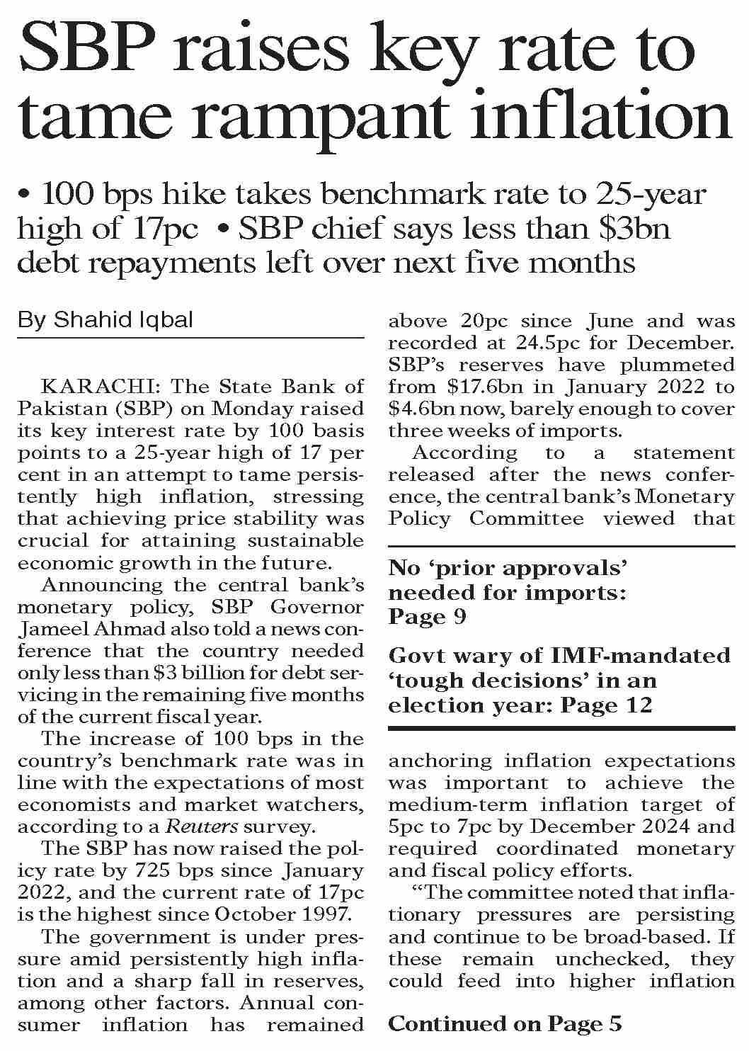 Dawn ePaper Jan 24 2023 SBP Raises Key Rate To Tame Rampant Inflation Dawn epaper jan 24 2023 sbp raises key rate to tame rampant inflation