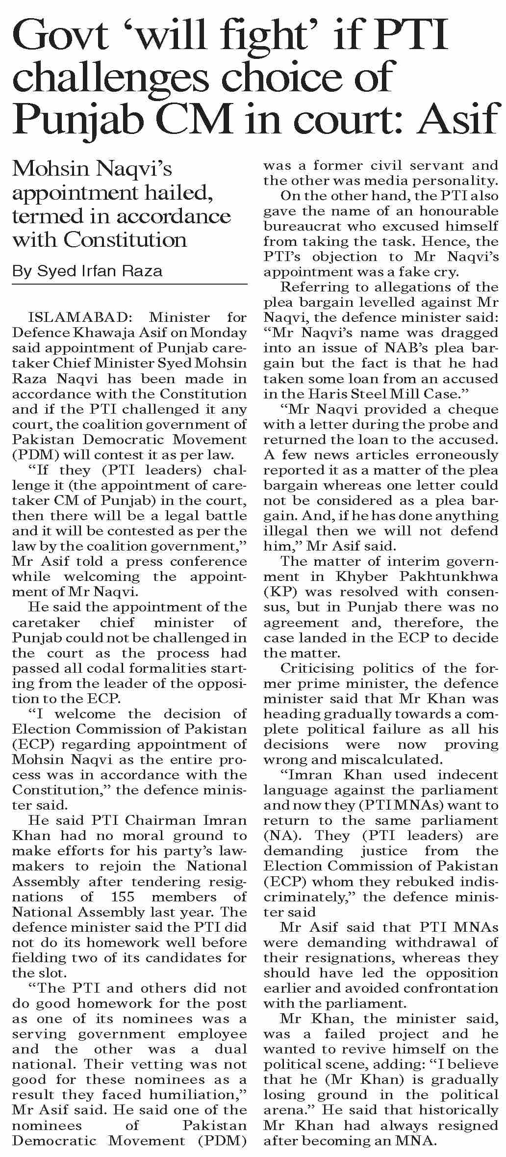 Dawn ePaper Jan 24 2023 Govt will Fight If PTI Challenges Choice dawn-epaper-jan-24-2023-govt-will-fight-if-pti-challenges-choice