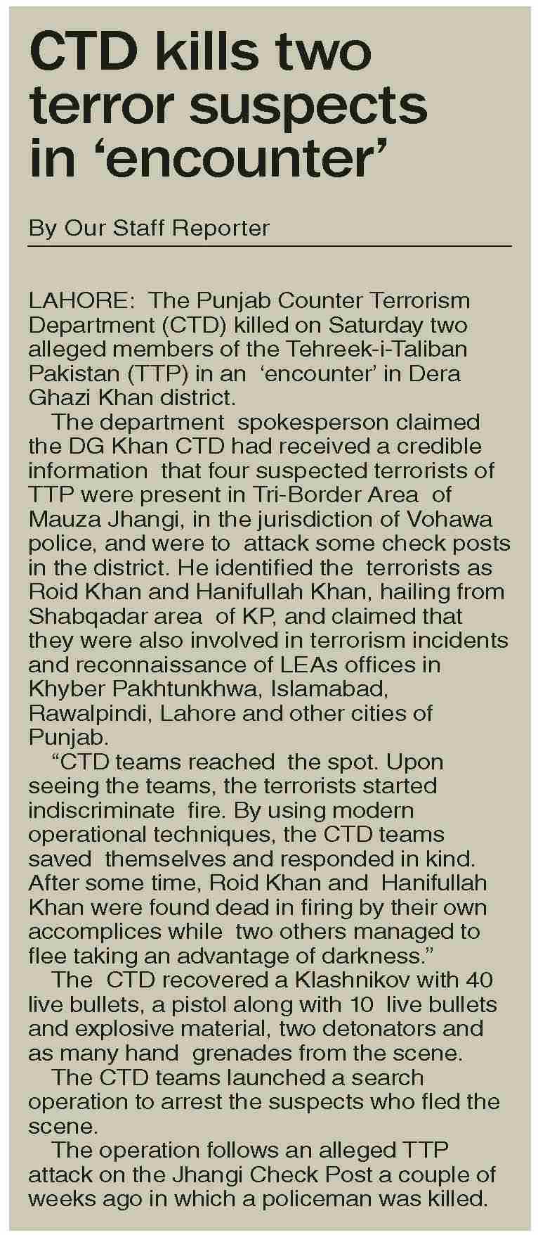 Dawn-ePaper | Jan 29, 2023 | CTD kills two terror suspects in `encounter`