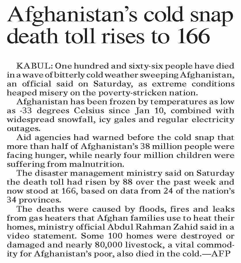 Dawn-ePaper | Jan 29, 2023 | Afghanistan`s cold snap death toll rises ...