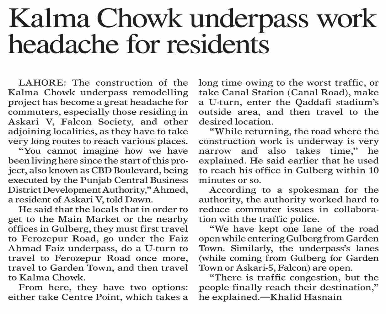 Dawn ePaper Jan 30 2023 Kalma Chowk Underpass Work Headache For 