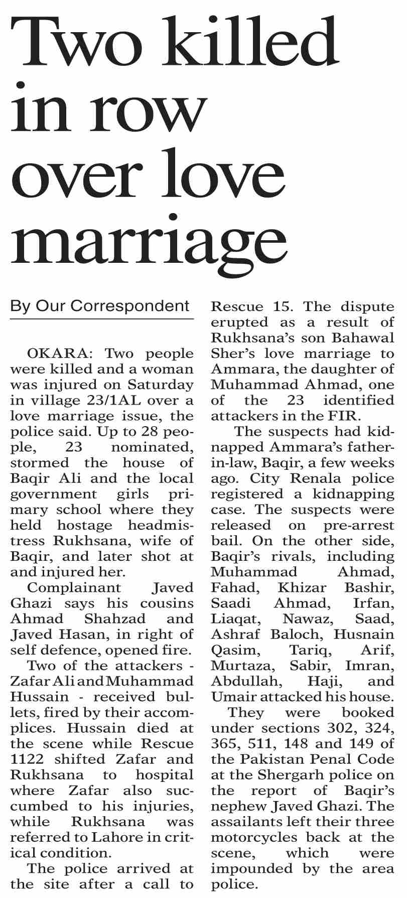 Dawn-ePaper | Feb 13, 2023 | Two killed in row over love marriage
