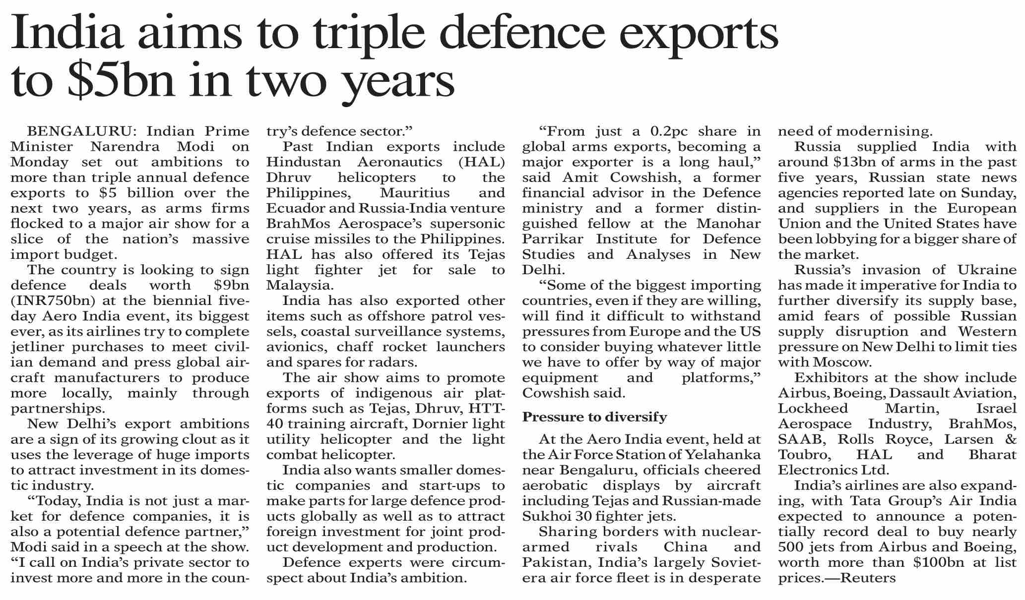 Dawn-ePaper | Feb 14, 2023 | India aims to triple defence exports to ...