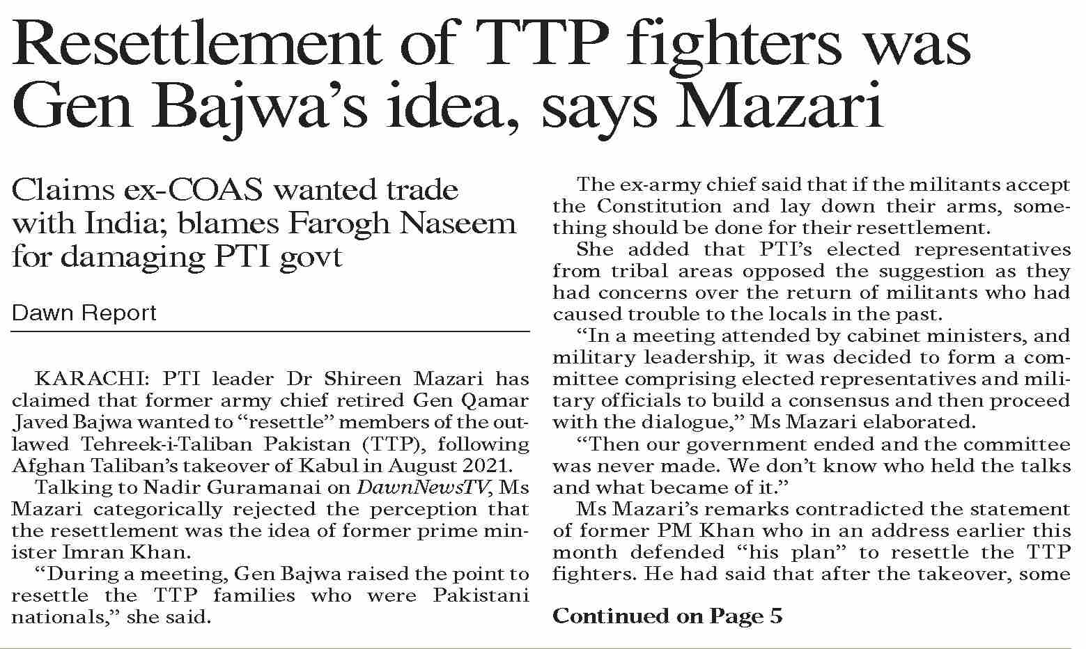 DawnePaper Feb 19, 2023 Resettlement of TTP fighters was Gen Bajwa