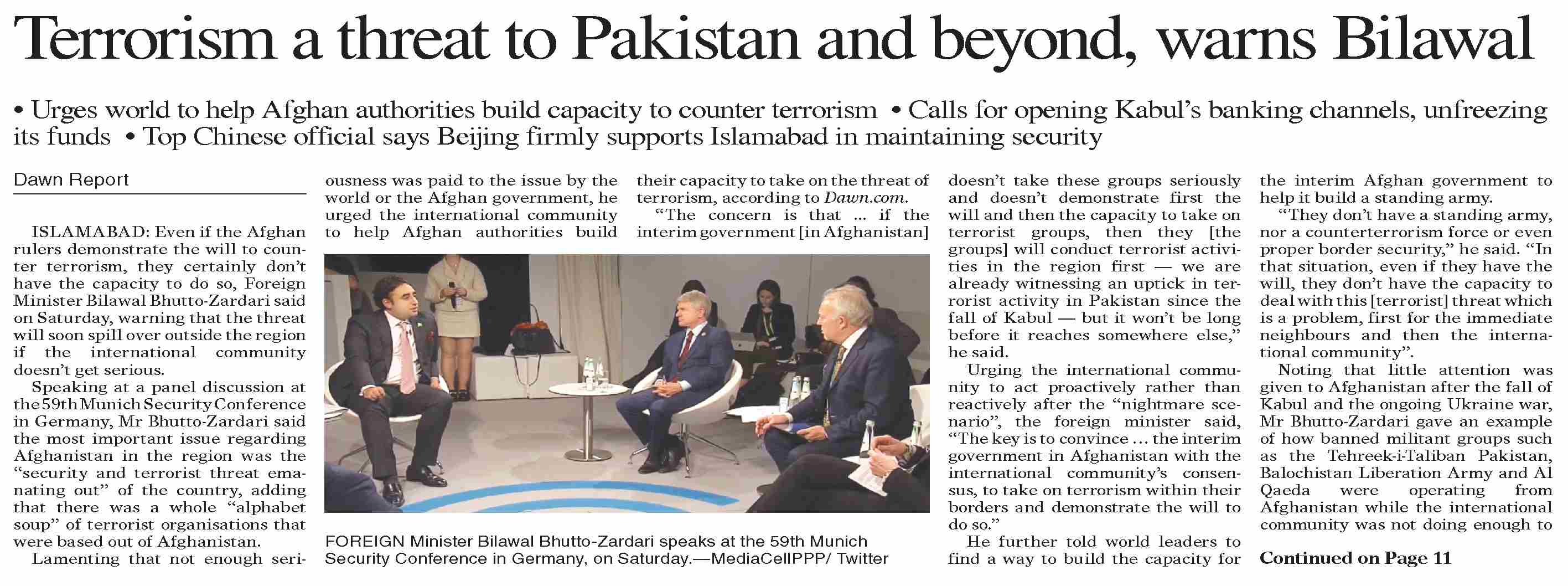 DawnePaper Feb 19, 2023 Terrorism a threat to Pakistan and beyond