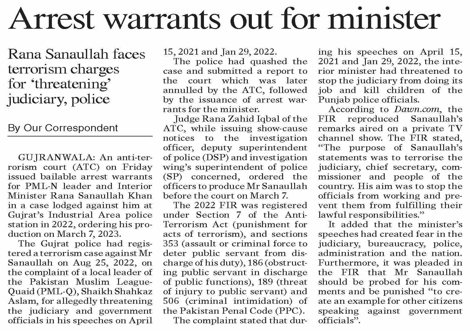 Dawn ePaper Feb 25 2023 Arrest Warrants Out For Minister dawn-epaper-feb-25-2023-arrest-warrants-out-for-minister