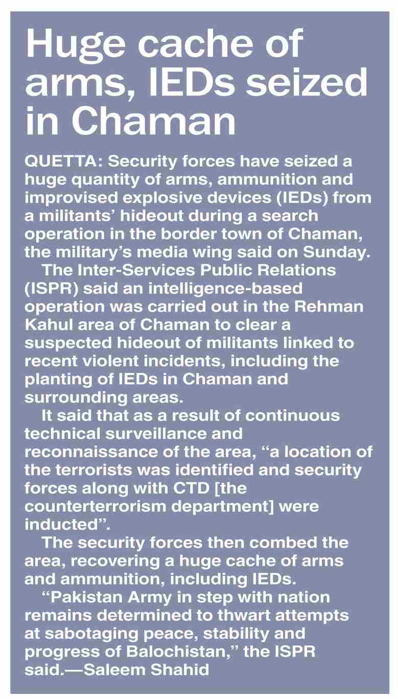 Dawn-ePaper | Mar 20, 2023 | Huge cache of arms, IEDs seized in Chaman