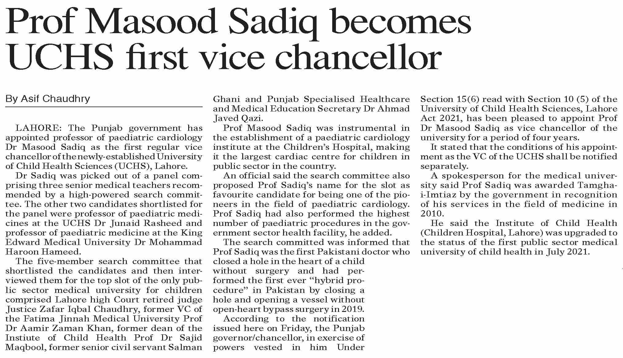 Prof Masood Dawn-ePaper | Apr 15, 2023 | Prof Masood Sadiq becomes UCHS first vice ...