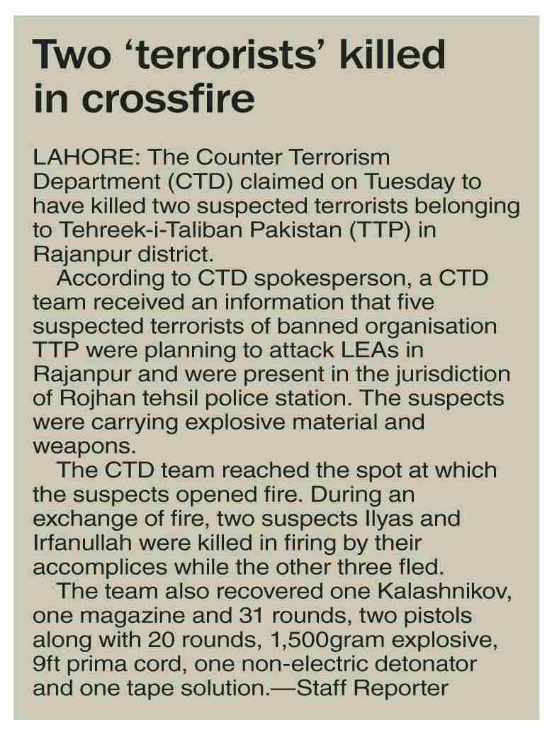 Dawn-ePaper | Apr 19, 2023 | Two `terrorists` killed in crossfire