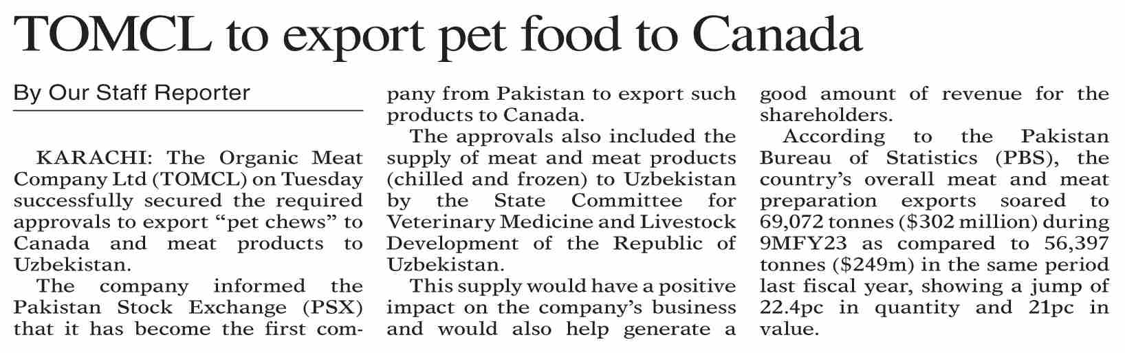 DawnePaper Apr 19, 2023 TOMCL to export pet food to Canada
