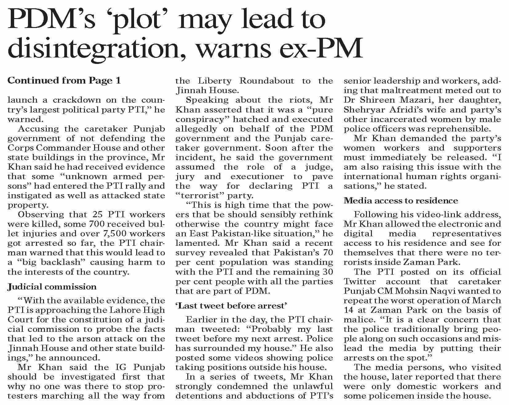 Dawn ePaper May 18 2023 PDM s plot May Lead To Disintegration