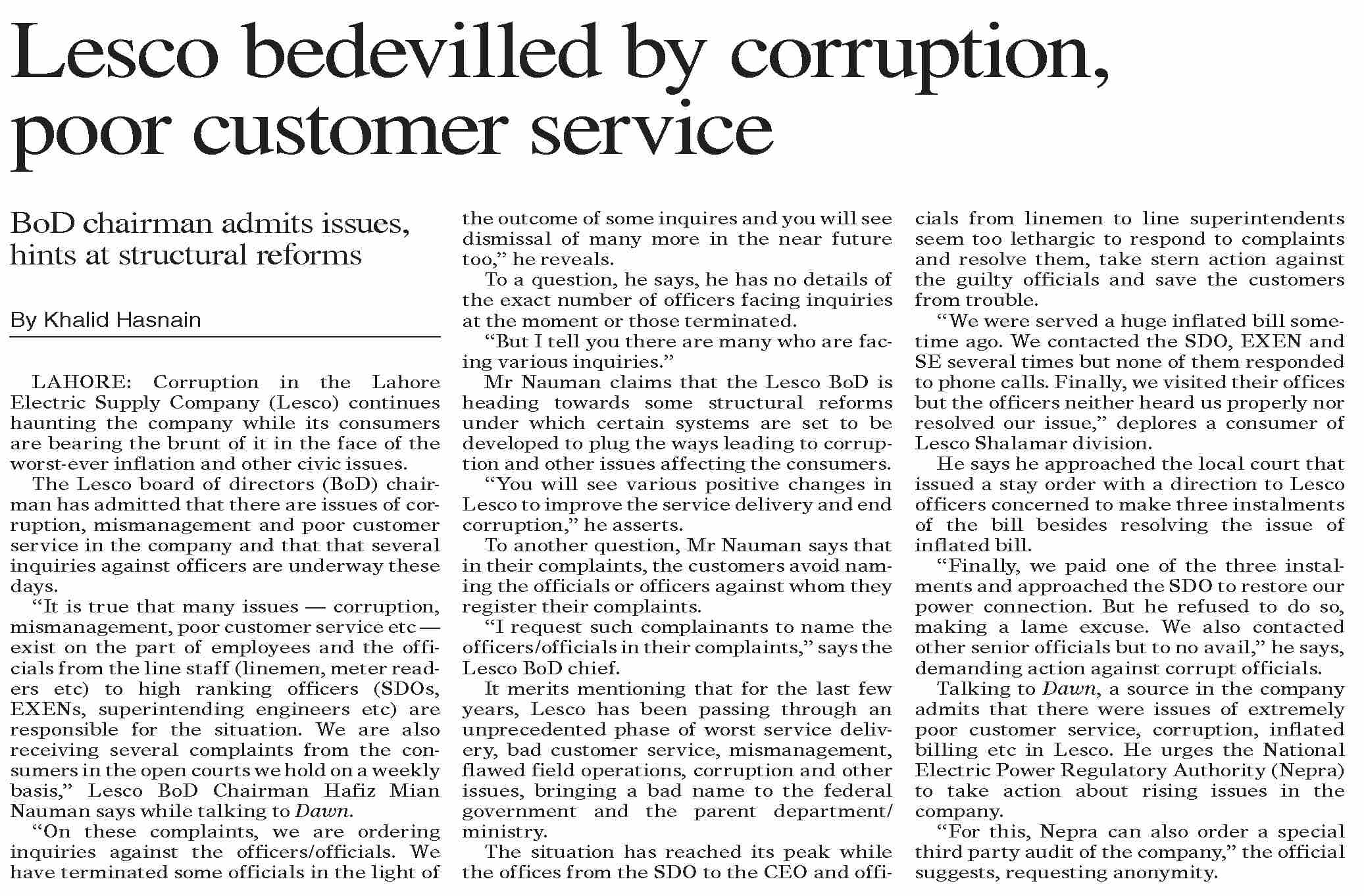 DawnePaper May 26, 2023 Lesco bedevilled by corruption, poor