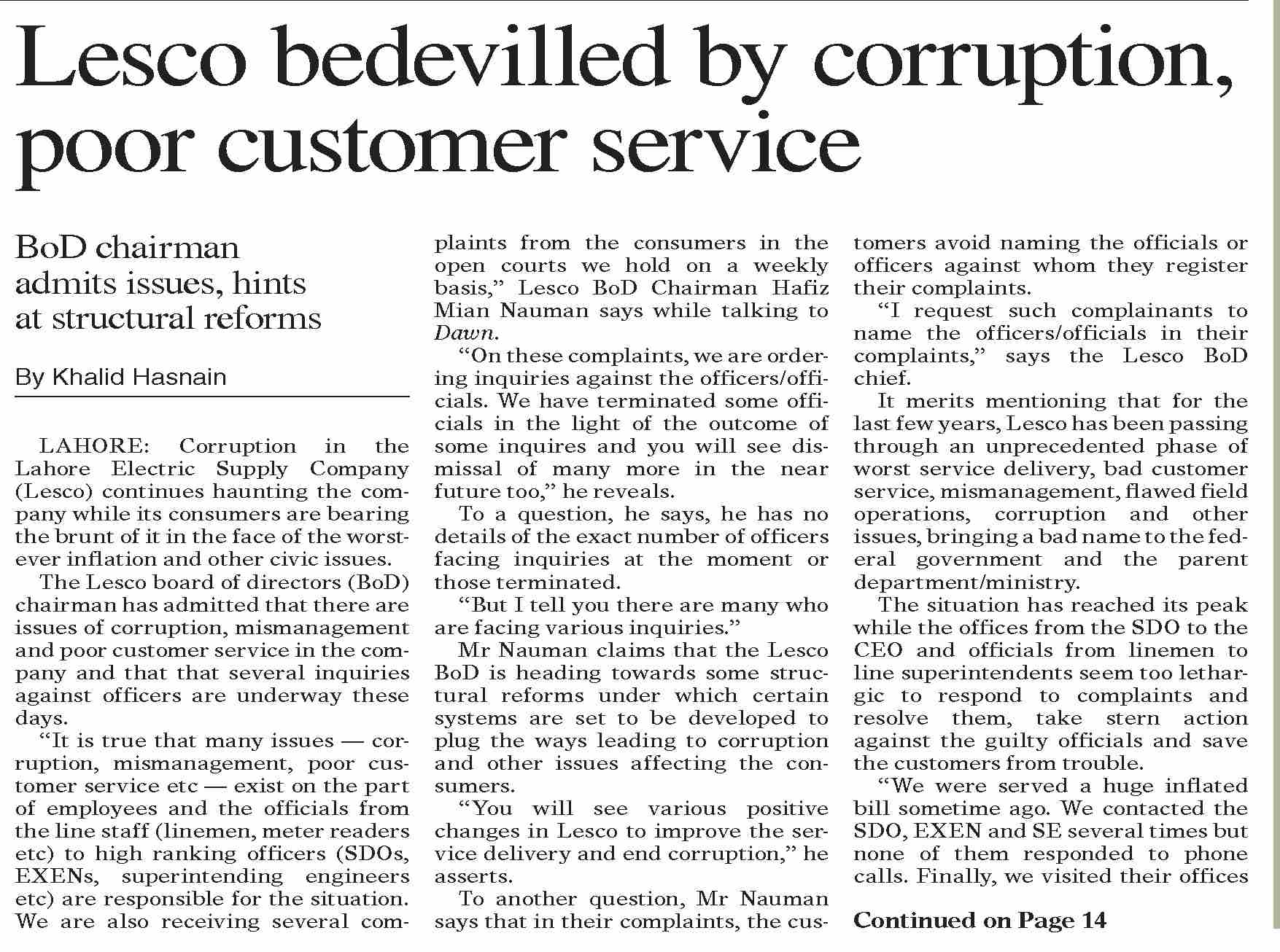 DawnePaper May 26, 2023 Lesco bedevilled by corruption, poor