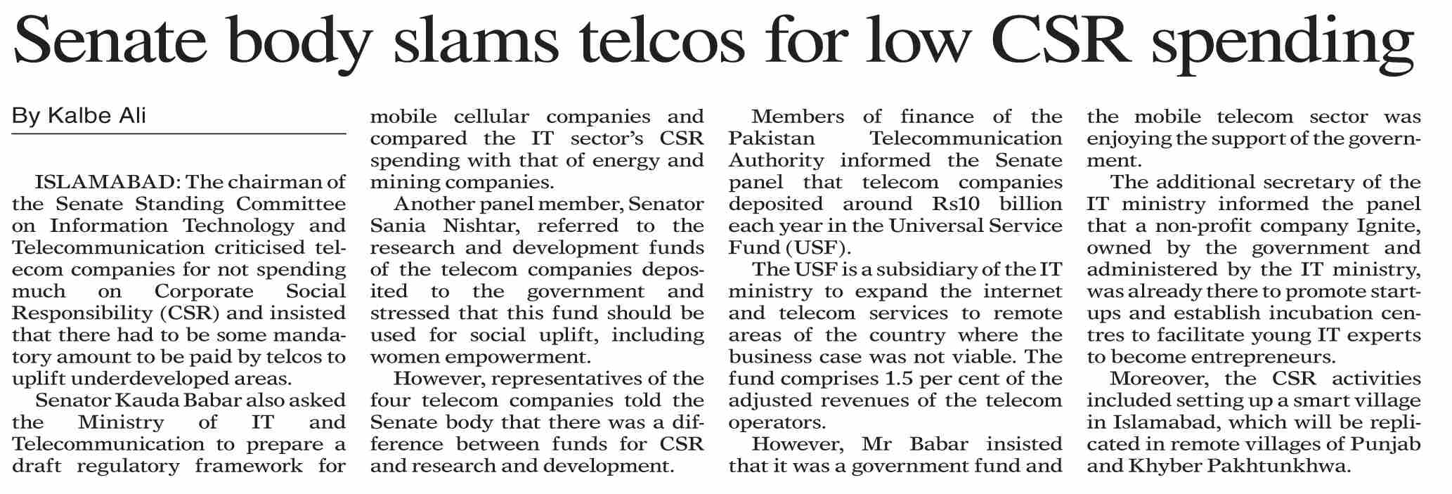 Epaper Csr Dawn-ePaper | Jun 17, 2023 | Senate body slams telcos for low CSR spending