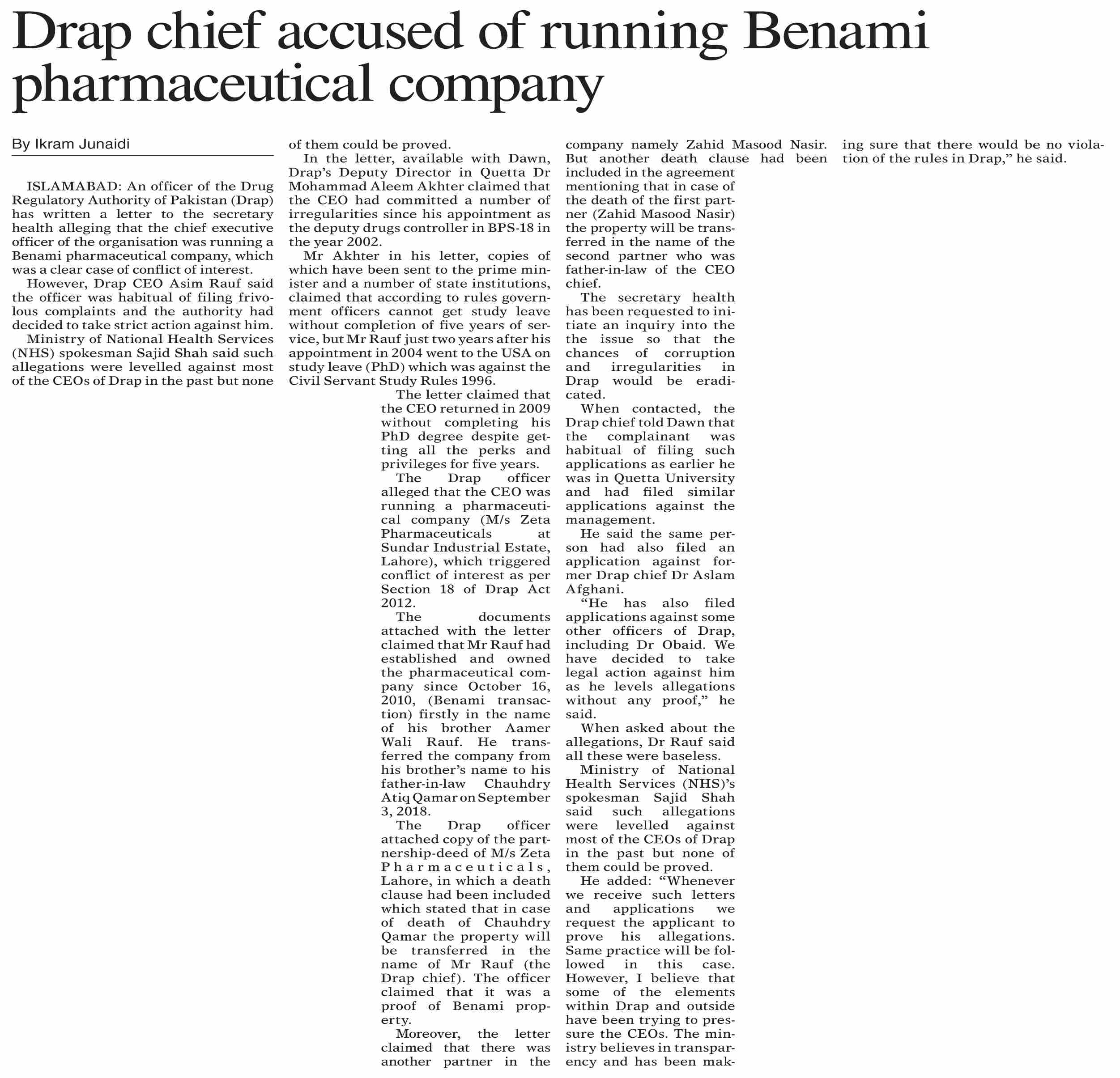 Dawn epaper jun 19 2023 drap chief accused of running benami