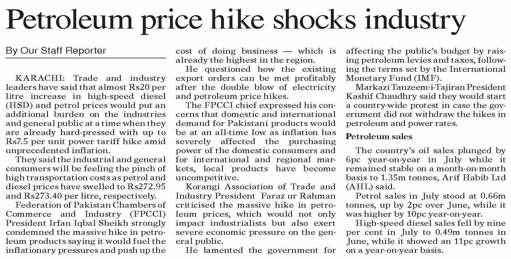 DawnePaper Aug 02, 2023 Petroleum price hike shocks industry