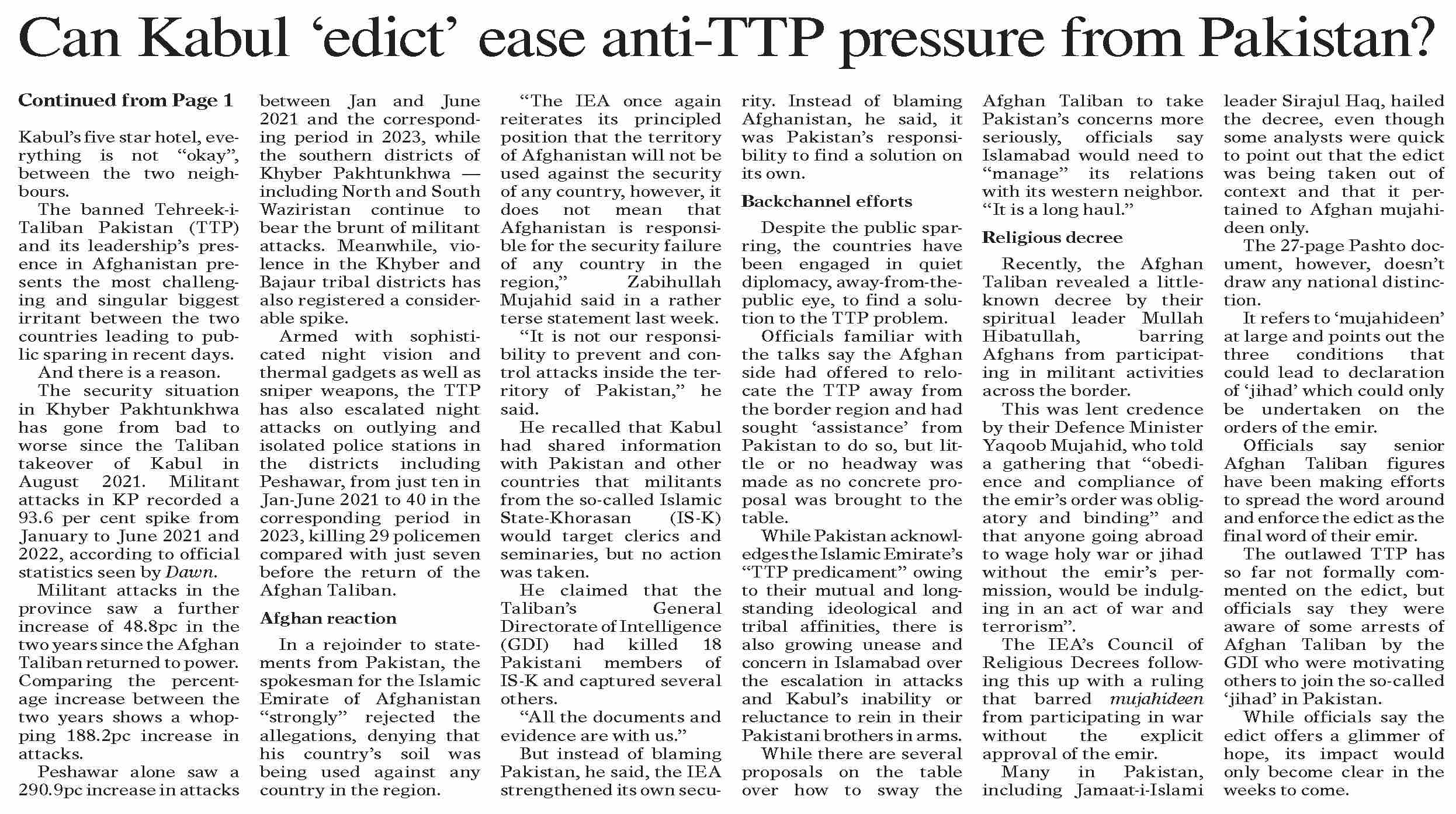 Dawn-ePaper | Aug 15, 2023 | Can Kabul `edict` ease anti-TTP pressure