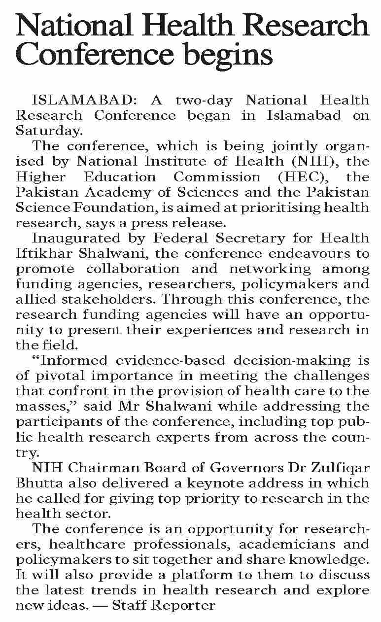 Dawn-ePaper | Sep 10, 2023 | National Health Research Conference begins