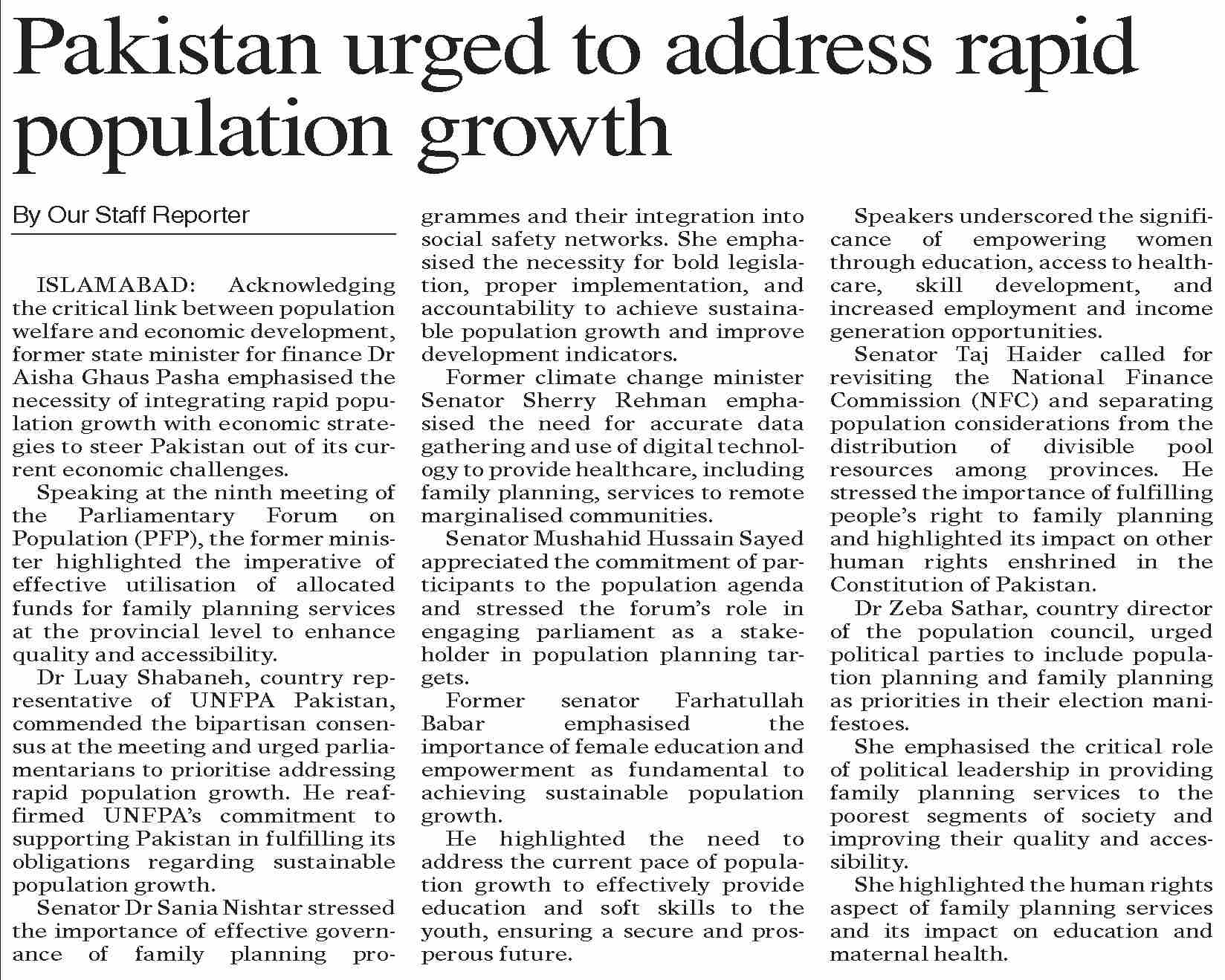 Dawn ePaper Sep 21 2023 Pakistan Urged To Address Rapid Population 