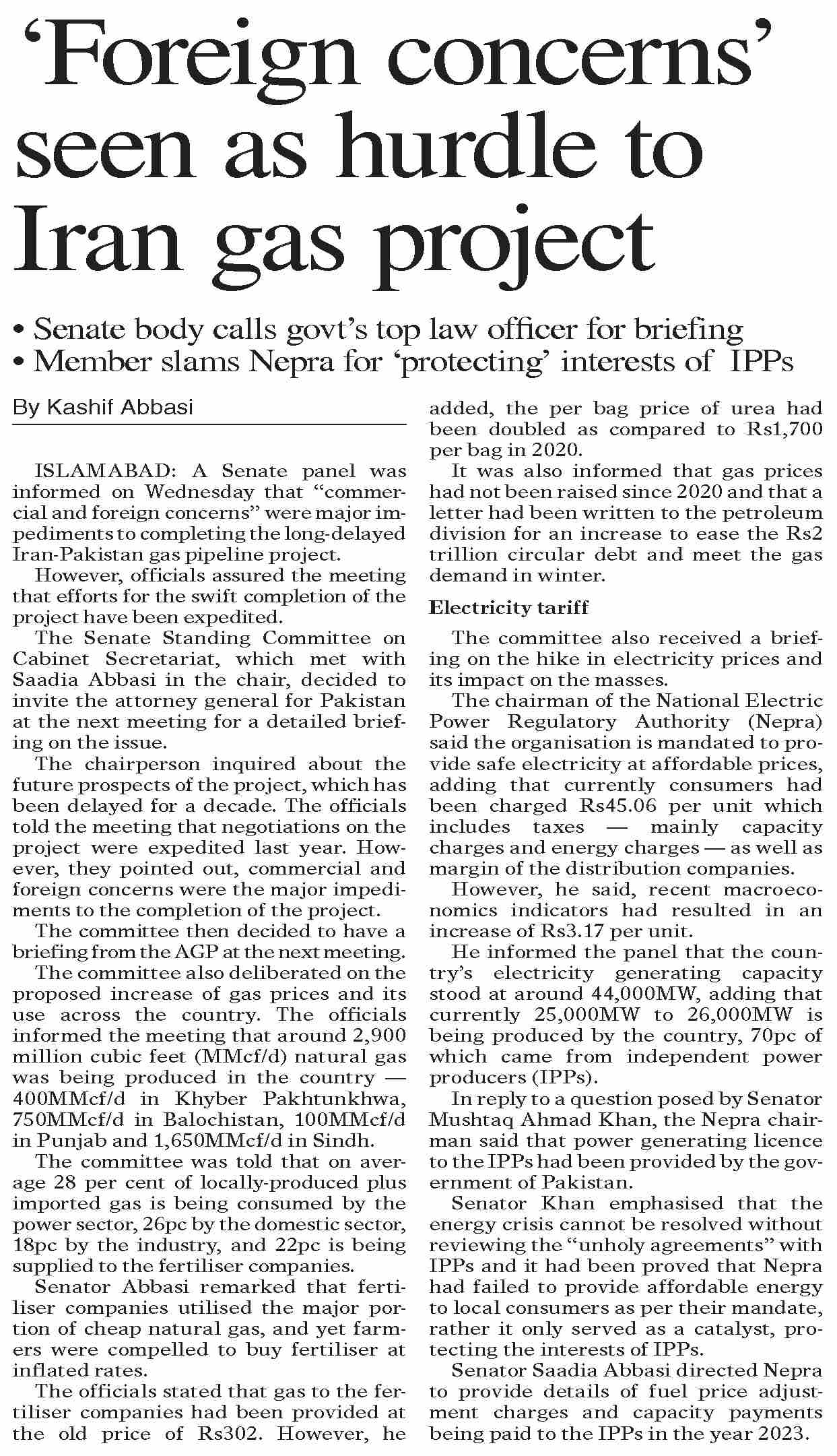 Dawn epaper sep 28 2023 foreign concerns seen as hurdle to iran