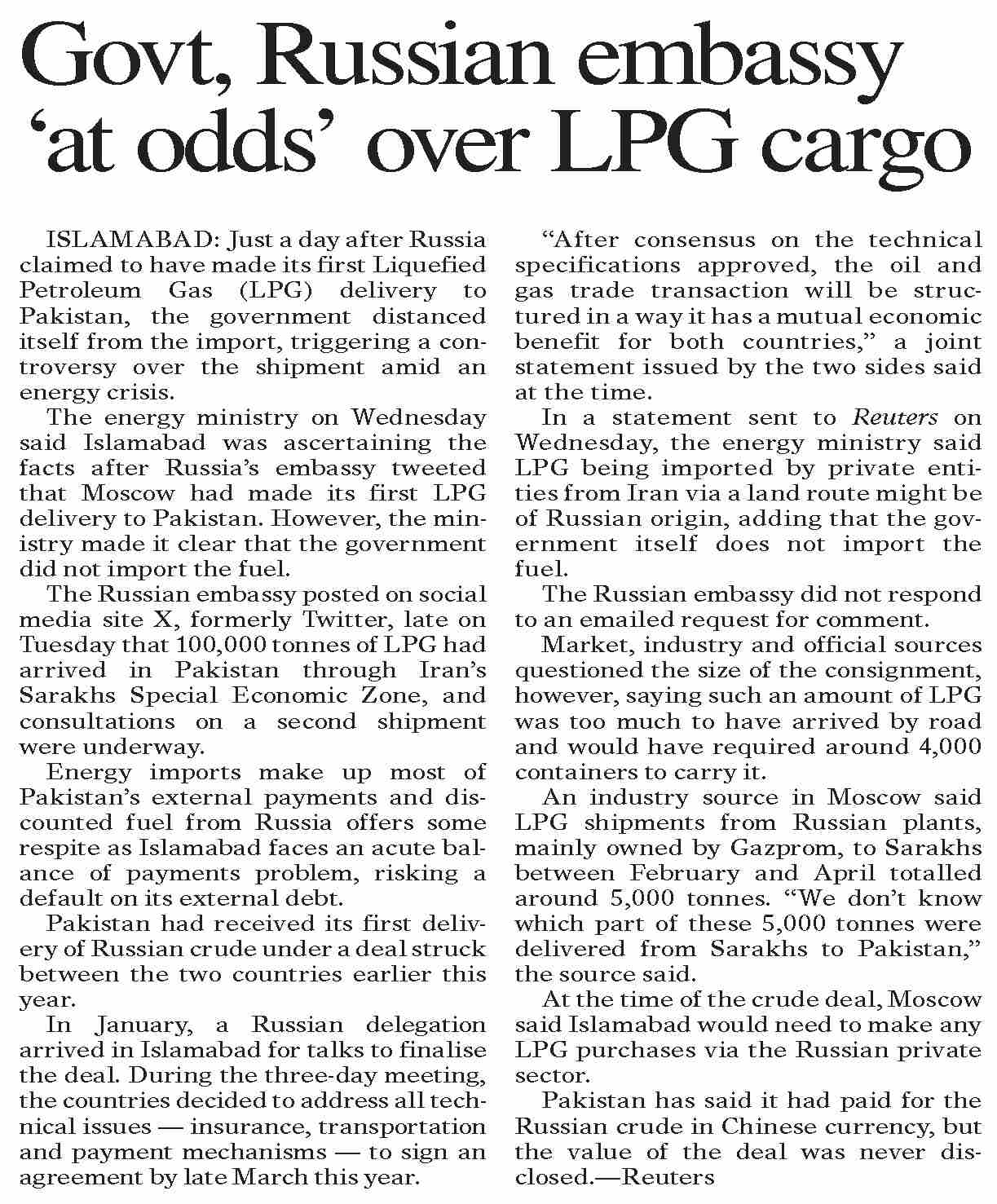 Dawn ePaper Sep 28 2023 Govt Russian Embassy at Odds Over LPG Cargo dawn-epaper-sep-28-2023-govt-russian-embassy-at-odds-over-lpg-cargo
