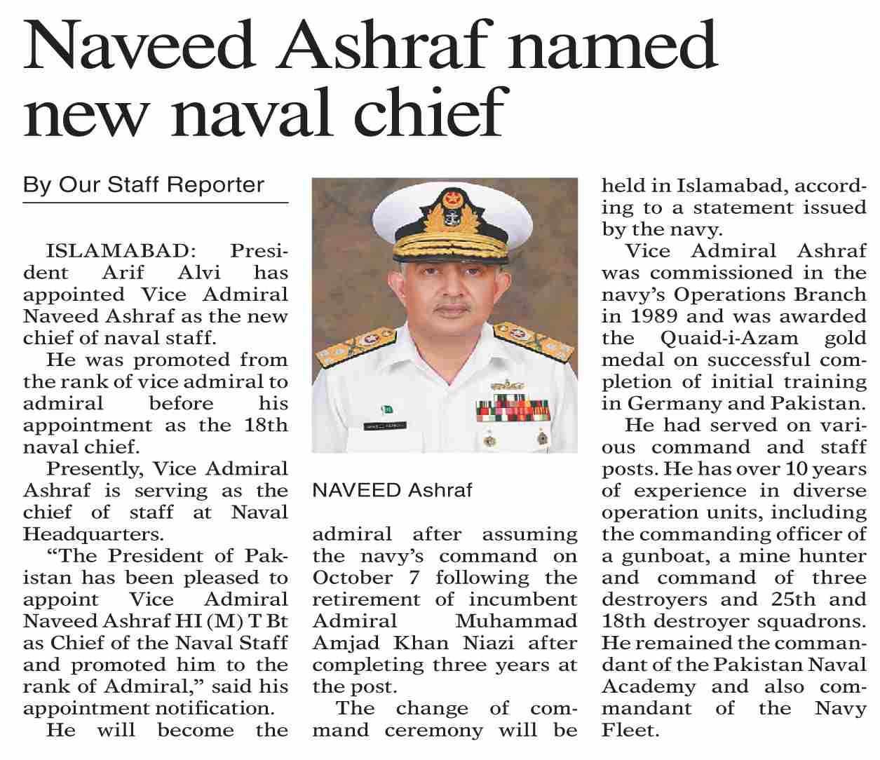 DawnePaper Oct 04, 2023 Naveed Ashraf named new naval chief