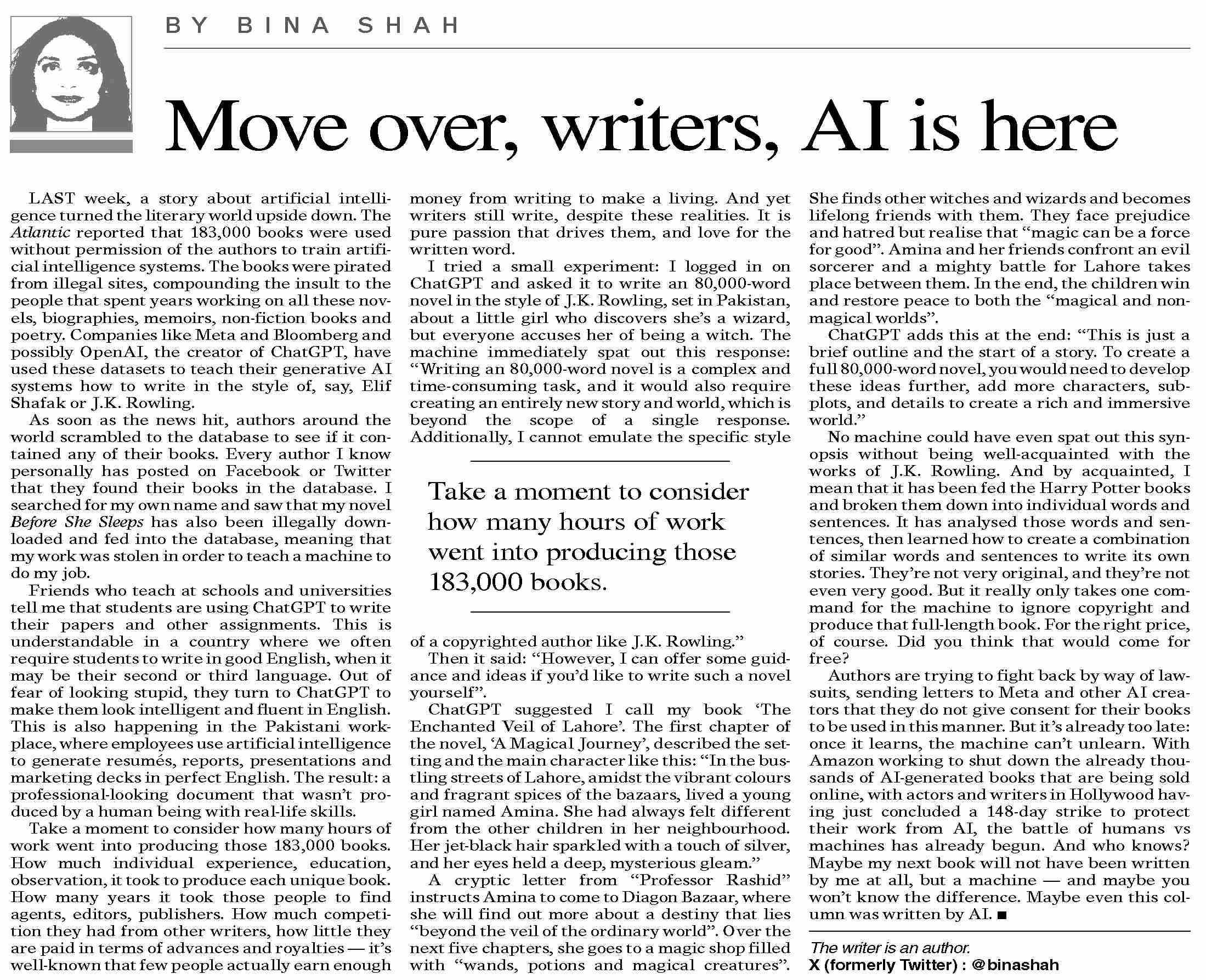 Dawn-ePaper | Oct 07, 2023 | Move over, writers, AI is here