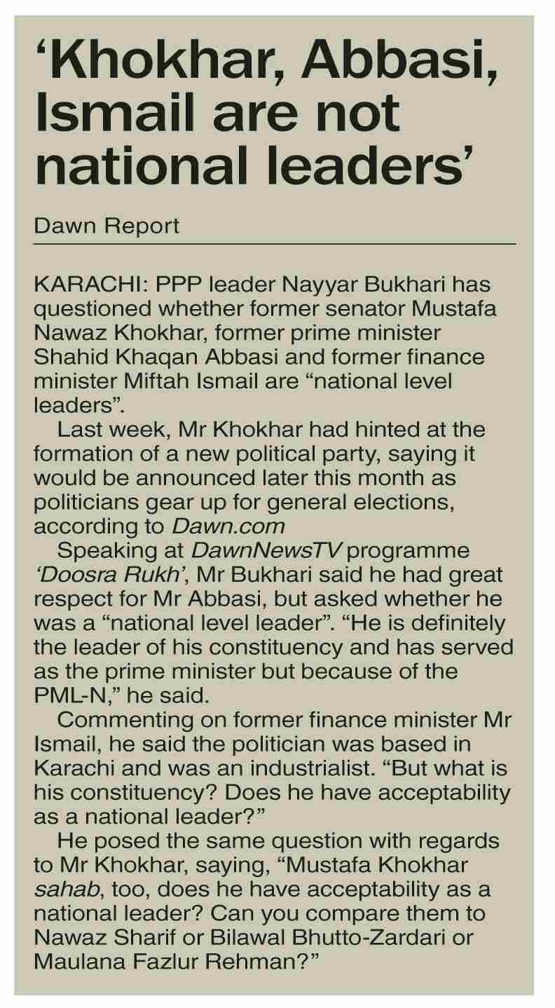 DawnePaper Oct 09, 2023 `Khokhar, Abbasi, Ismail are not national