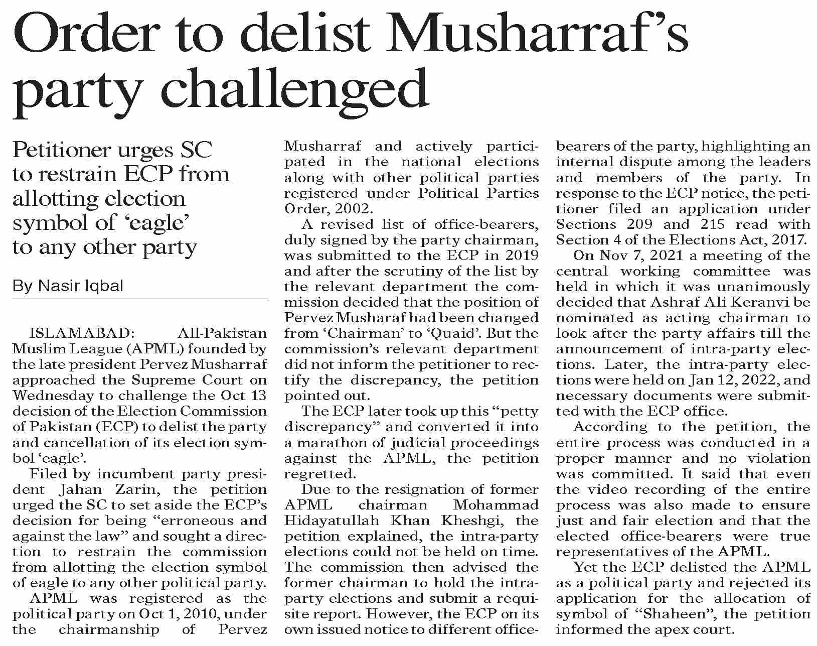Dawn ePaper Oct 26 2023 Order To Delist Musharraf s Party Challenged Dawn epaper oct 26 2023 order to delist musharraf s party challenged